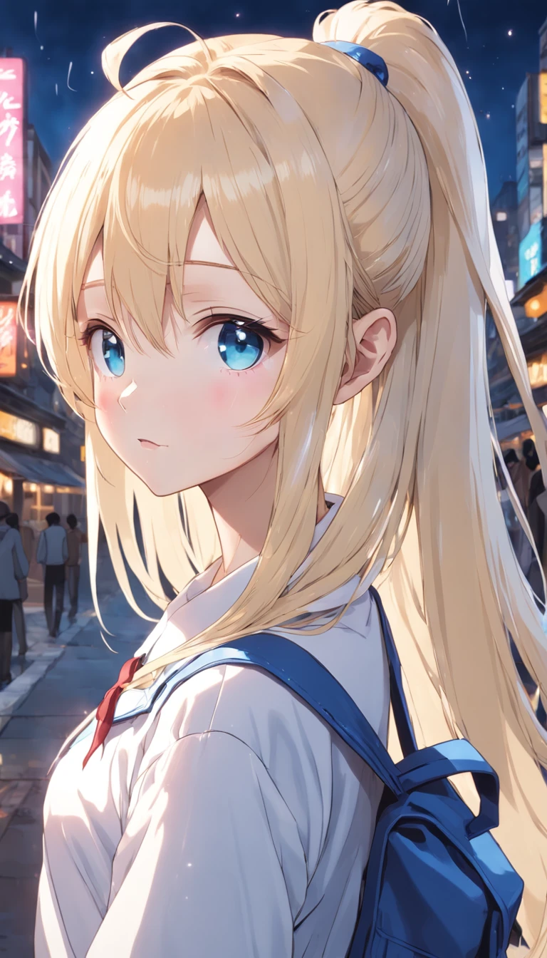 Best quality , masterpiece, Portrait、、Bright expression、ponytail、Young, shiny, white, glossy skin、Gloss Face、Shining Cheek Gloss、Small Face Beauty、The best beauty、The dazzling light of blonde hair、Bright blonde hair with dazzling highlights、Very beautiful shiny light blonde hair、super long silky straight hair、Her shiny, beautiful bangs are covering her eyes.、Sparkling, clear, attractive, bright, large, pale blue eyes、Very big eyes、eyeliner、very beautiful lovely cute 16 year old girl、Ample Bust, upper body , smile , ((((runner uniform ))))
