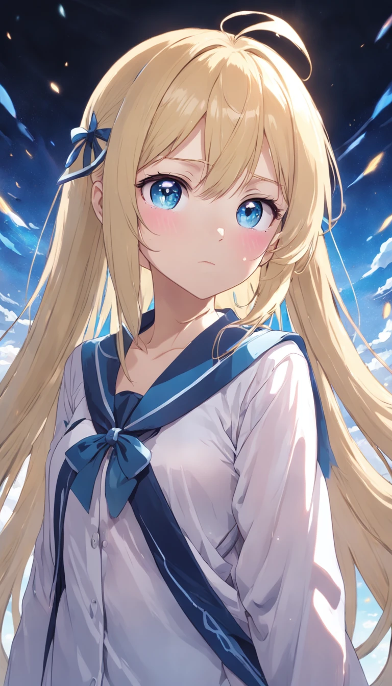 Reines, 1girl, high quality, best quality, illustration, masterpiece, (highly detailed:1.2), (extremely detailed:1.3), flat chest, bare shoulders, young girl, sailor uniform, summer, sleeveless, white sailor dress, , sweaty