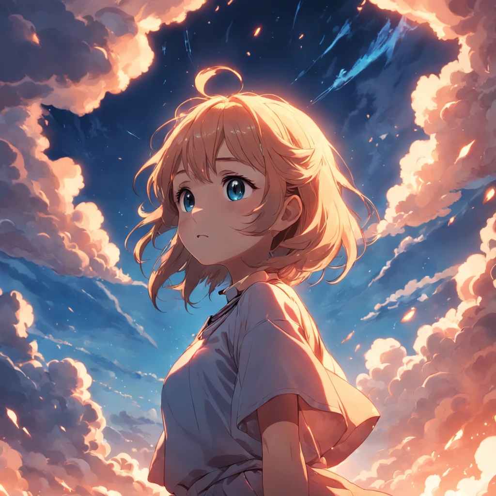 masterpiece, best quality, movie still, 1girl, cloud girl, floating in the sky, close-up, bright, happy, warm soft lighting, sunset, (sparks:0.7)