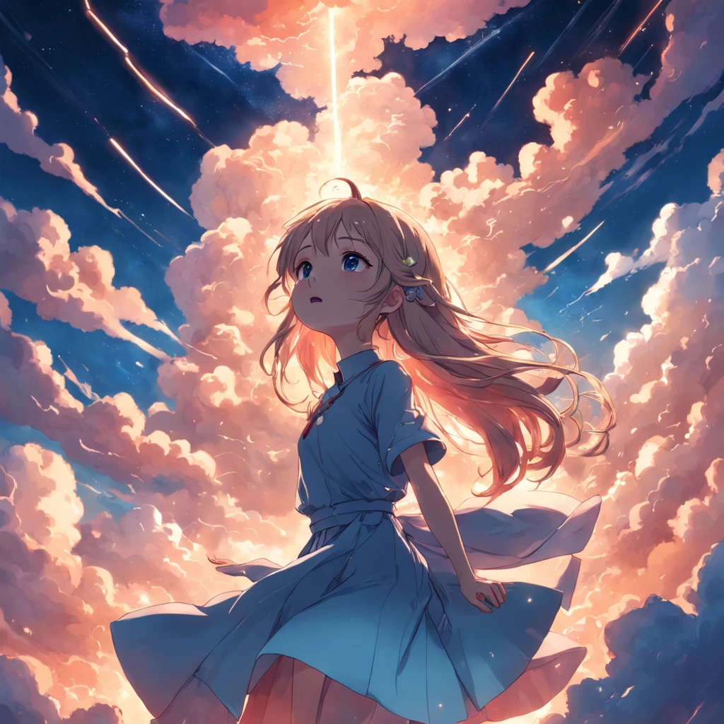 masterpiece, best quality, movie still, 1girl, cloud girl, floating in the sky, close-up, bright, happy, warm soft lighting, sunset, (sparks:0.7)