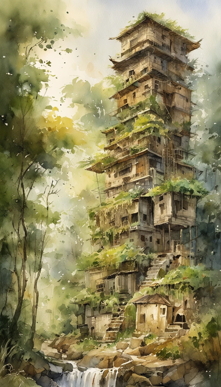 Forgotten skyscrapers swallowed up by the jungle、城市、Wagas、Scrapped cars with no tires、masutepiece