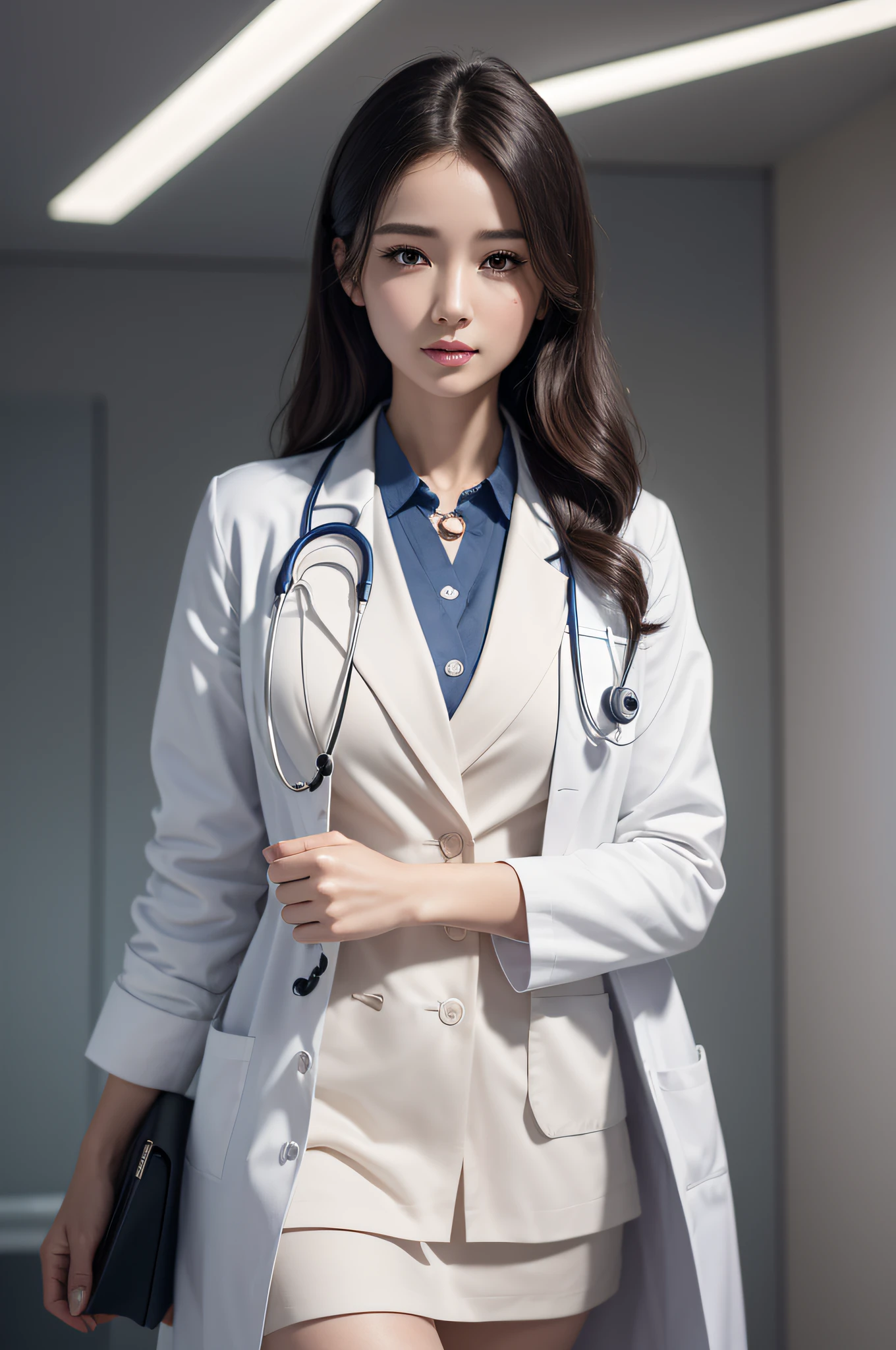 Photorealistic beautiful doctor、stunningly beautiful、doctors white coat, Collared shirt、(top-quality、8K、32K、​masterpiece、nffsw:1.3)、超A high resolution,(Photorealsitic:1.4),Raw photography, Detailed face,,Beautiful hair, ((Doctor Style)), , Black tight skirt、 Natural makeup,, large full breasts、inside hospital, Detailed background, Perfect Lighting, depth of fields, Beautiful shadow gradient,stethoscope ,