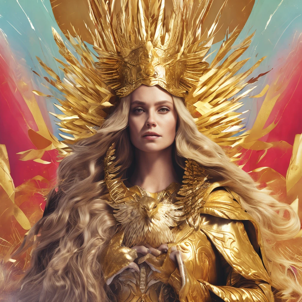 The female pope wears a golden crown and a phoenix robe,holding a phoenix scepter and a magic bok. She is surounded by a dazling display of gold coins and has long golden hair