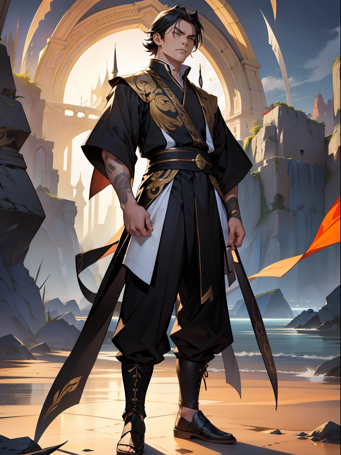 of a guy,Douluo Continent costume,standing on your feet,nigth,Black hair,Fierce,。
