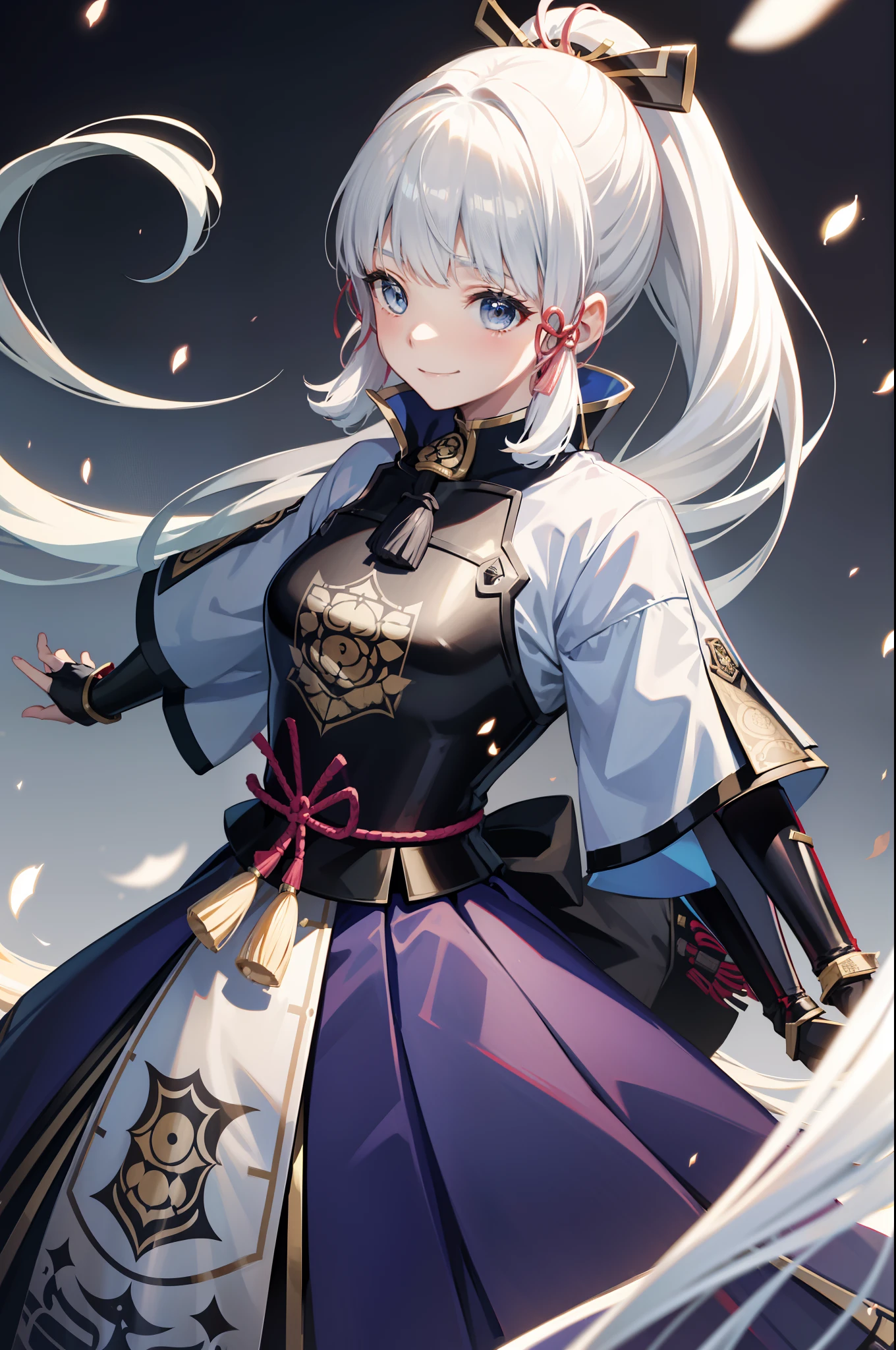 kamisato_ayaka，Japanese style，Armour，long  white hair，horse tailed，Elegant smile，Keep one's mouth shut，A detailed eye