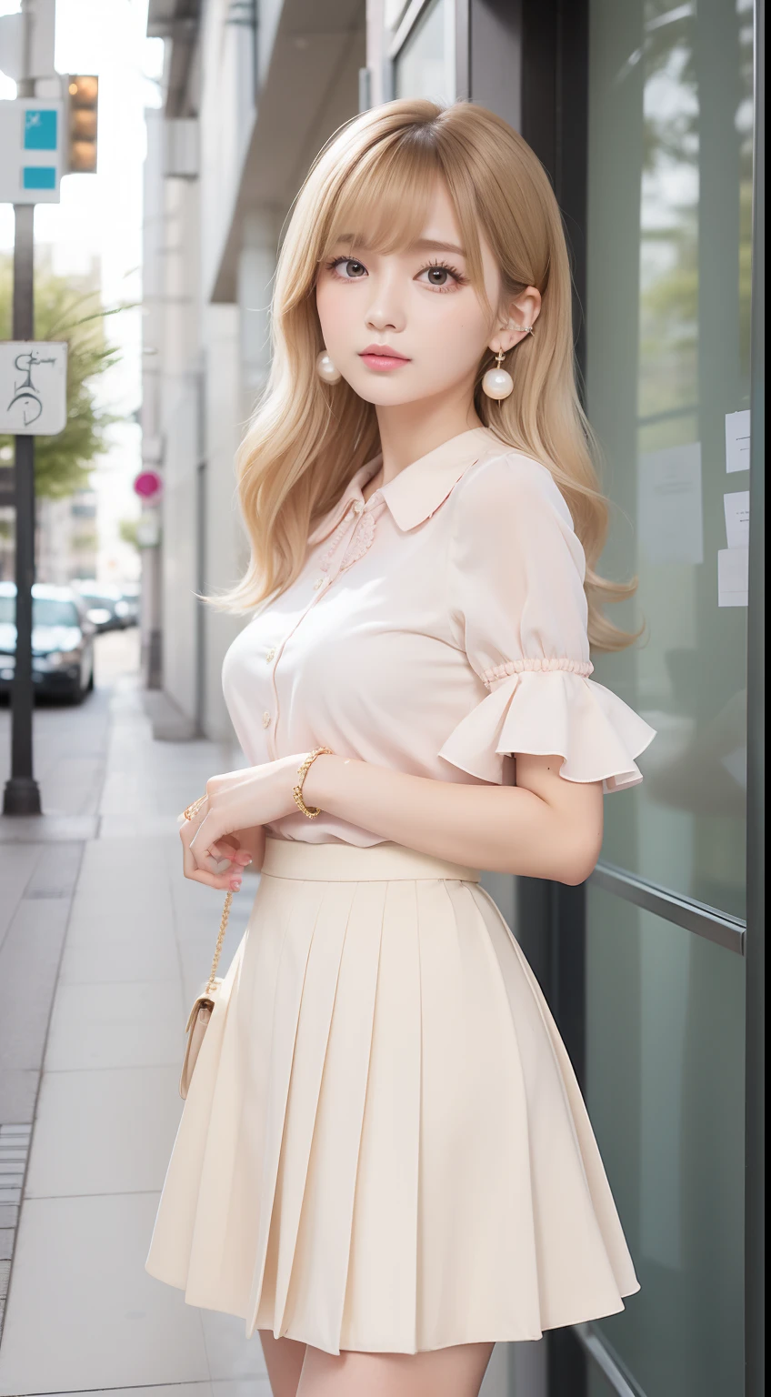 Portrait in girlish business style for spring and summer。Model has medium hair with fluffy curled bangs and honey blonde。She wears a pastel pink blouse、White pleated skirt、Wearing beige pumps。Accessories include pearl earrings and delicate bracelets。