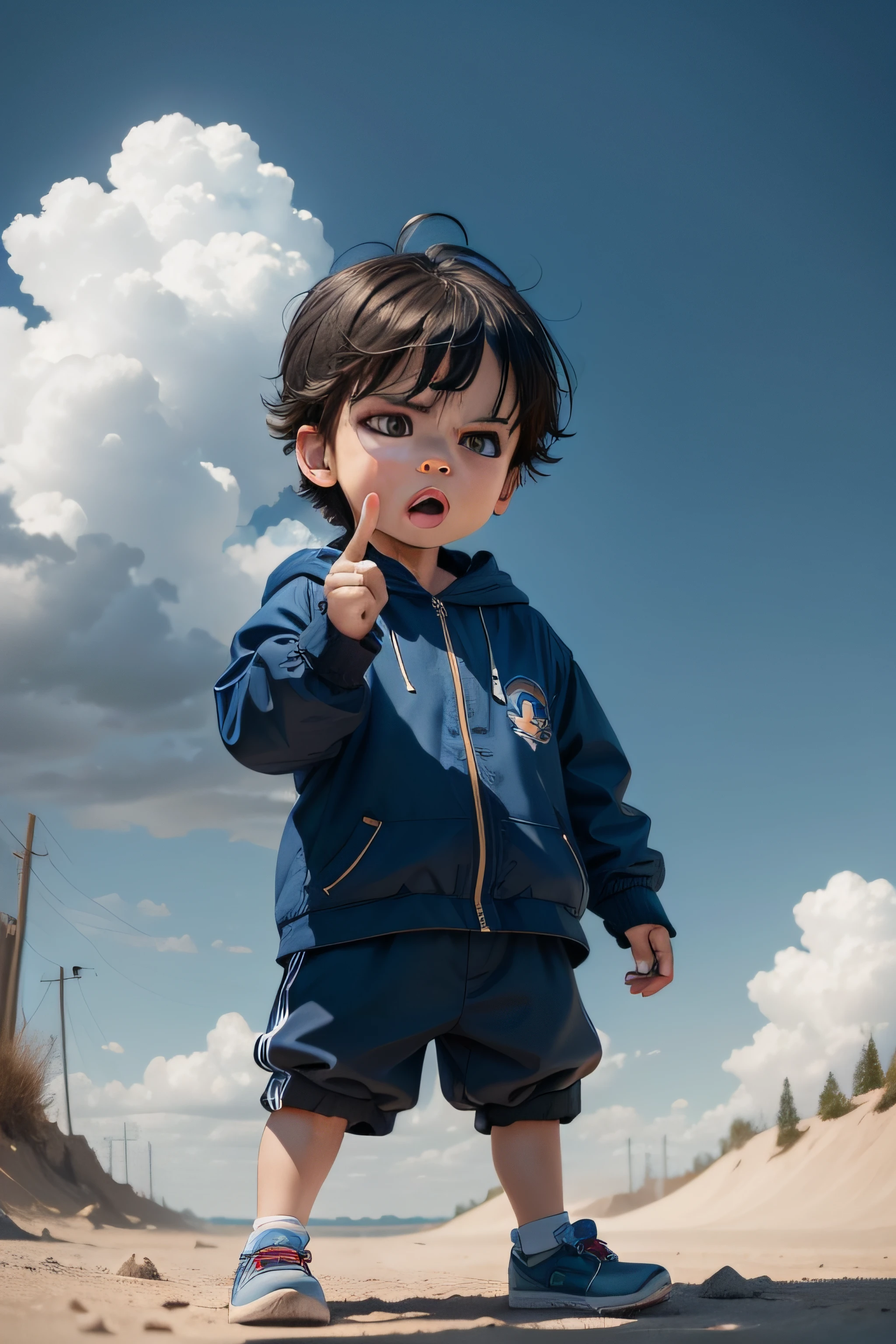 A close up of a child in a blue jacket pointing at something - SeaArt AI