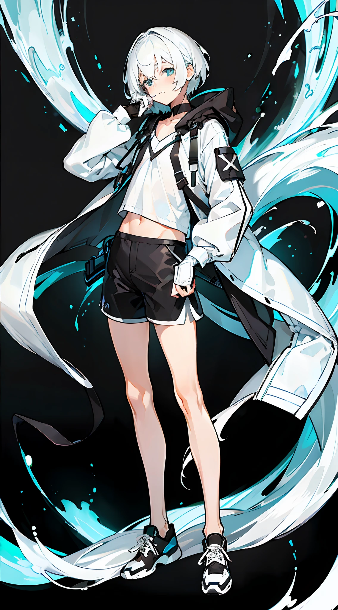 Masterpiece, Best quality, Solo,Boy, White hair,Short hair, (White shirt:1.4),(Black shorts:1.5), blackfootwear, full bodyesbian, shirt, Shorts, Coat, Open coat, view the viewer, Hood, Sneakers, Open clothes, Black coat, (Flat chest:1.7), No breasts,Long sleeves, bangs, Fingerless gloves, Short hair, hair between eye,(Pure black background:1.4),Normal standing