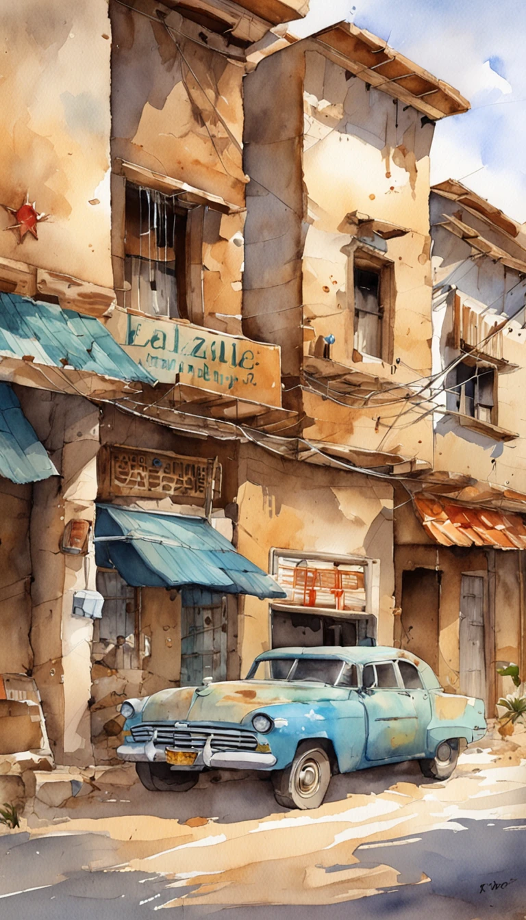 Desert abandoned city with weathering buildings, convenience stores, traffic lights and abandoned cars、Photorealsitic、Masterpiece、realisitic