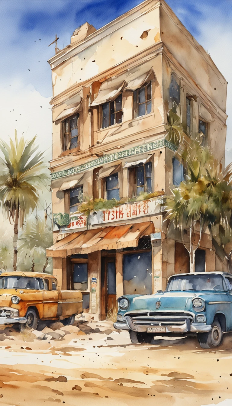 Desert abandoned city with weathering buildings, convenience stores, traffic lights and abandoned cars、Photorealsitic、Masterpiece、realisitic