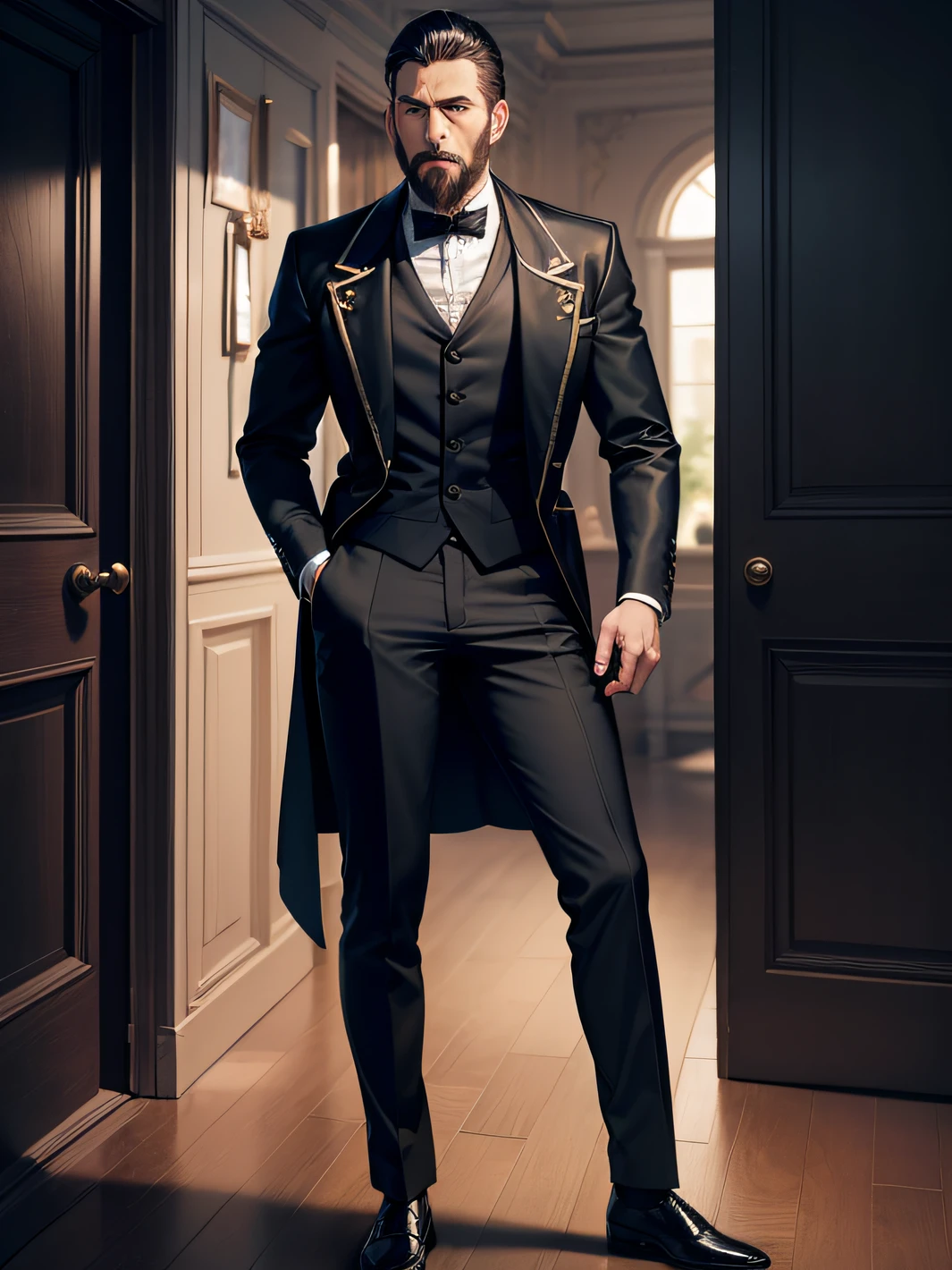 straightened, A slender man dressed in black, Middle-aged lewdness, Treacherous and dark people,19th century clothing,face expressionless,full bodyesbian,standing on your feet,little beard
