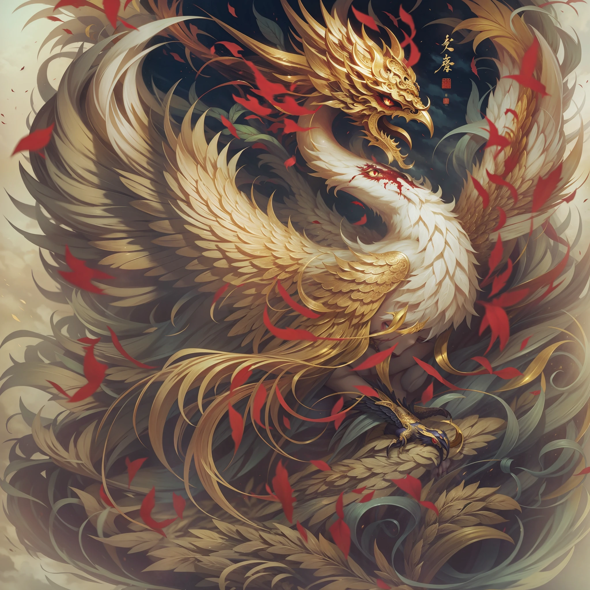 Chinese mythology and stories，Journey，King of Golden-winged Roque，A half body，closeup cleavage，Open your mouth，tosen，Fierce eyes，Blood，A mouth full of blood，Dripping blood，Puffing，massive wings，Thick feathers，feater，Super close，Sharp focus，best qualtiy，8K分辨率，tmasterpiece，Works of masters，