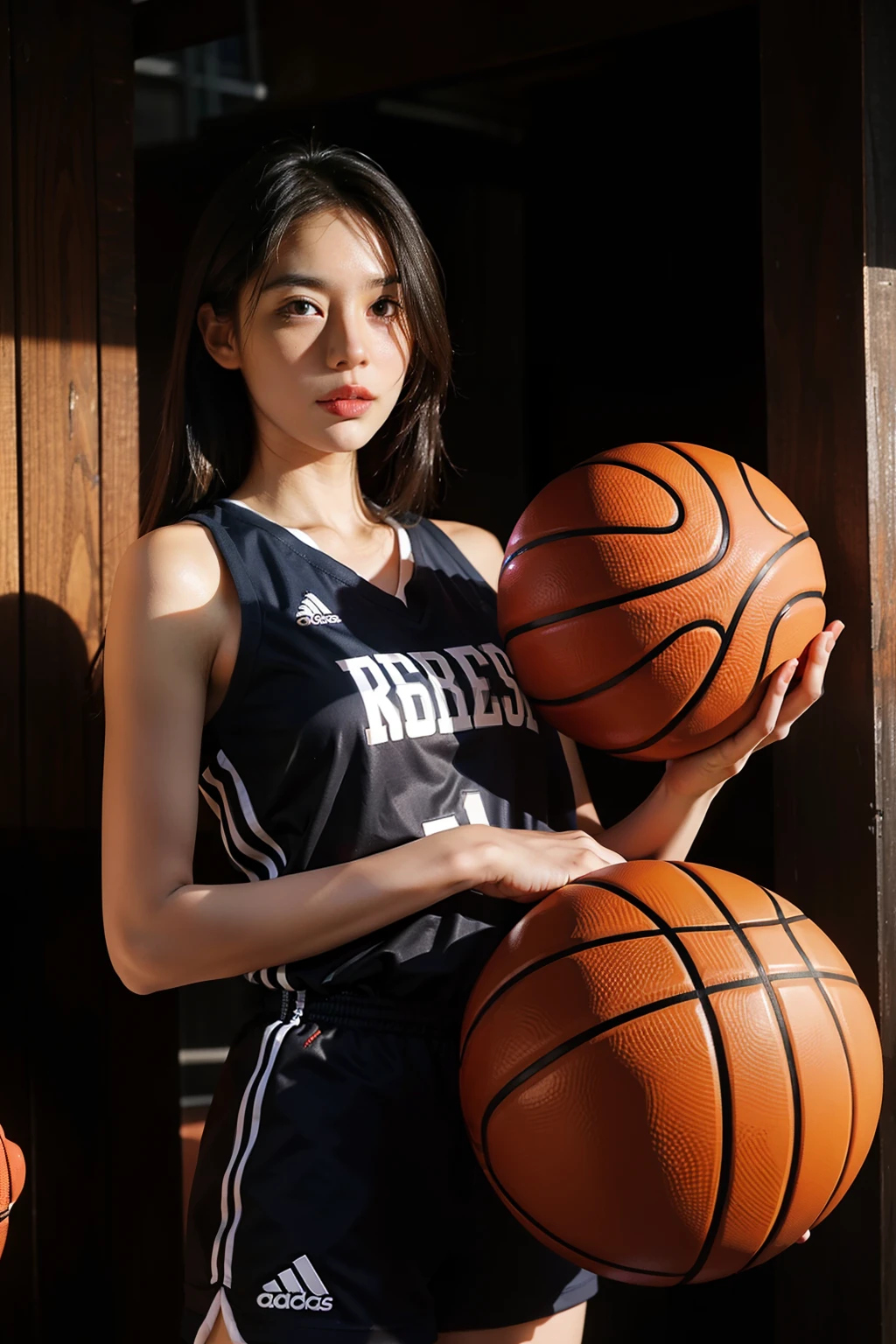 8k, Best Quality, Masterpiece: 1.2), (Realistic, Photorealistic: 1.37), Super Detailed, Best Quality, Super High Resolution, Professional Lighting, Photon Mapping, Radiosity, Physically Based Rendering, Cinematic Lighting , basketball court, depth of field, focus, sun rays, good composition, (bokeh: 1.2), 1 girl, (whole body), (closed mouth), beautiful eyes, pose, constriction, basketball uniform, black hair , messy hair, long hair blowing in the wind,(ulzzang-6500:1.2) mix4, hiqcgbody, large breasts, a littel sexy outfits