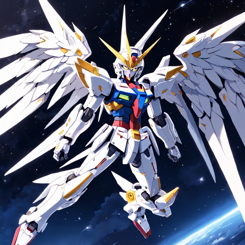 best quality, Hi-res, winged Gundam zero, masterpiece, flying under the moon, wings wide open, leg crossed