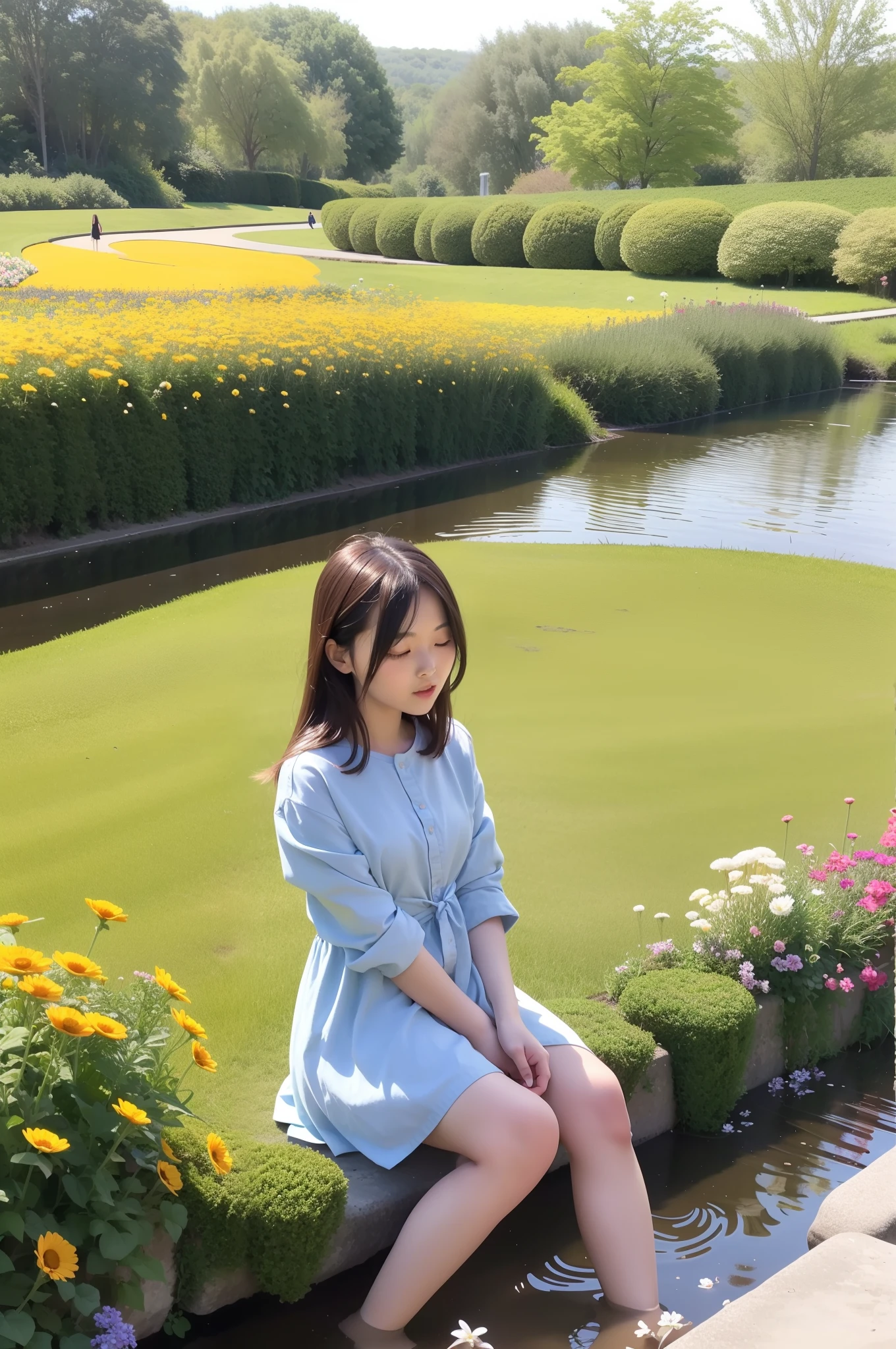 There was a woman sitting on a stone by the pond, girl sitting in a flower field, standing in flower field, Girl in a flower field, standing in flower field, girl frontal in a flower field, haruhi, On a sunny day, Beautiful image, with flower fields as foreground, sitting in a field of flowers, sitting with flowers