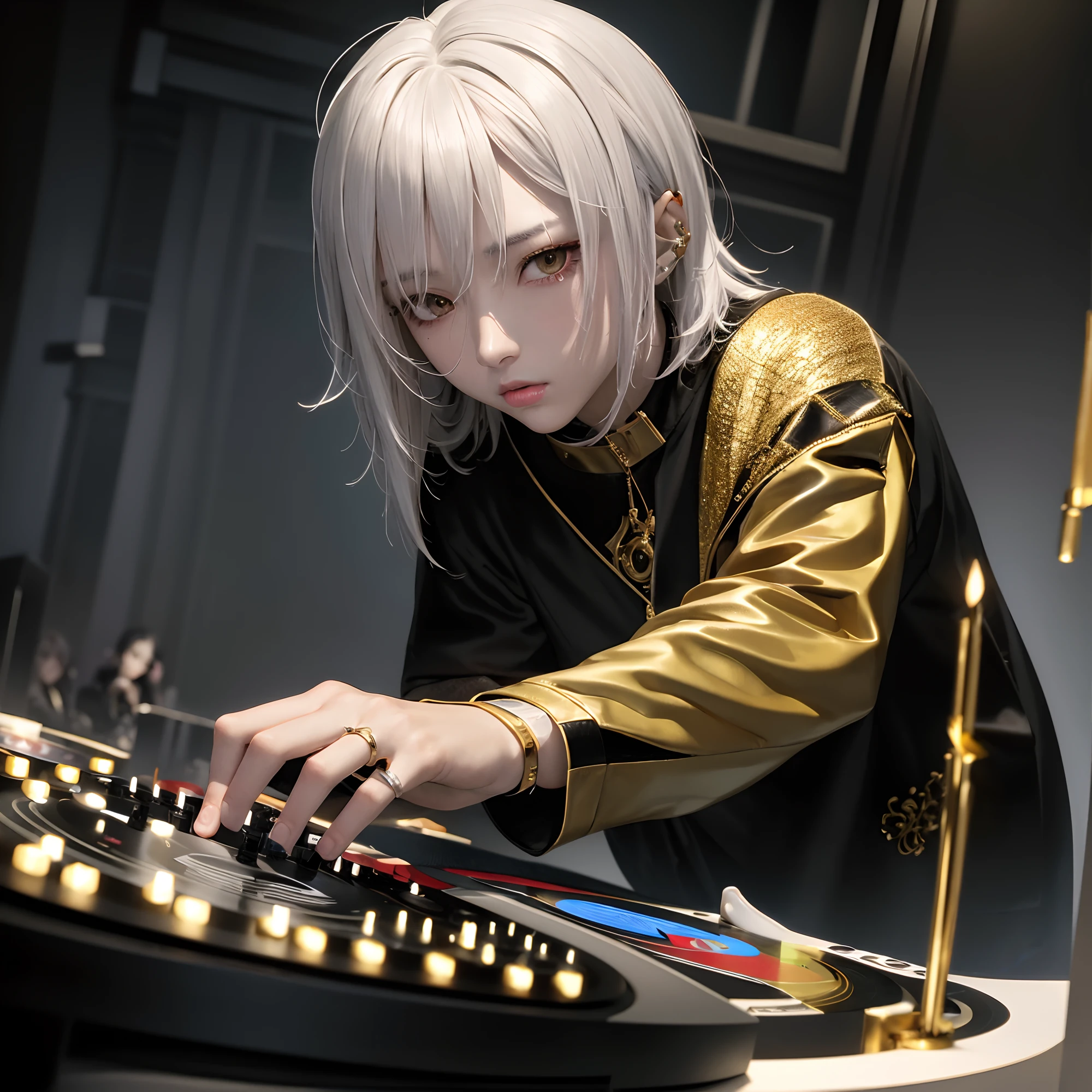 top-quality、masterpiece、You are a DJ、studio、DJ operating two turntables、Front Face DJ、Cool DJ、white hair、Gold Eye、Hair strands、light skinned