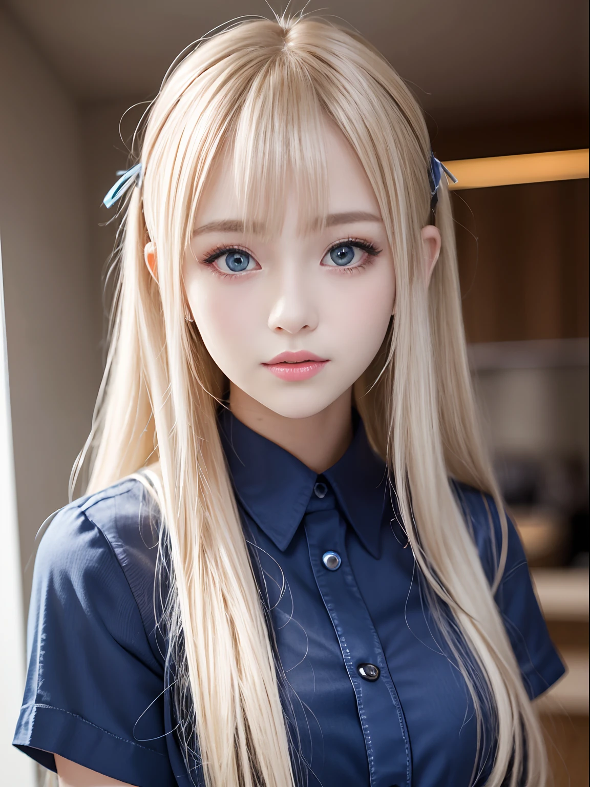 portlate、School Uniforms、bright expression、poneyTail、Young shiny shiny white shiny skin、Best Looks、Blonde reflected light、Platinum blonde hair with dazzling highlights、shiny light hair,、Super long silky straight hair、Beautiful bangs that shine、Glowing crystal clear attractive big blue eyes、Very beautiful nice cute girl、Lush bust