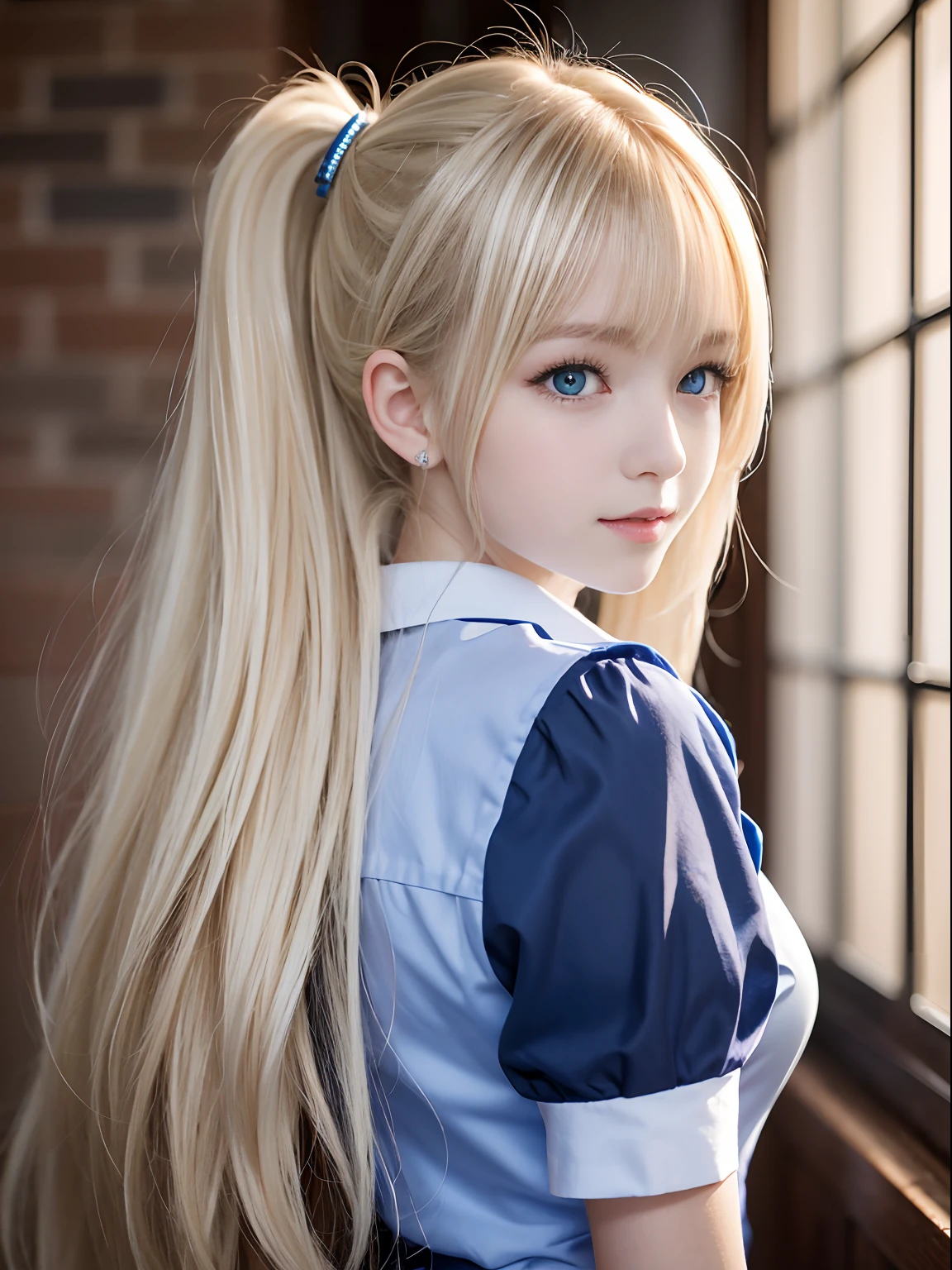 portlate、School Uniforms、bright expression、poneyTail、Young shiny shiny white shiny skin、Best Looks、Blonde reflected light、Platinum blonde hair with dazzling highlights、shiny light hair,、Super long silky straight hair、Beautiful bangs that shine、Glowing crystal clear attractive big blue eyes、Very beautiful nice cute 16 year old girl、Lush bust