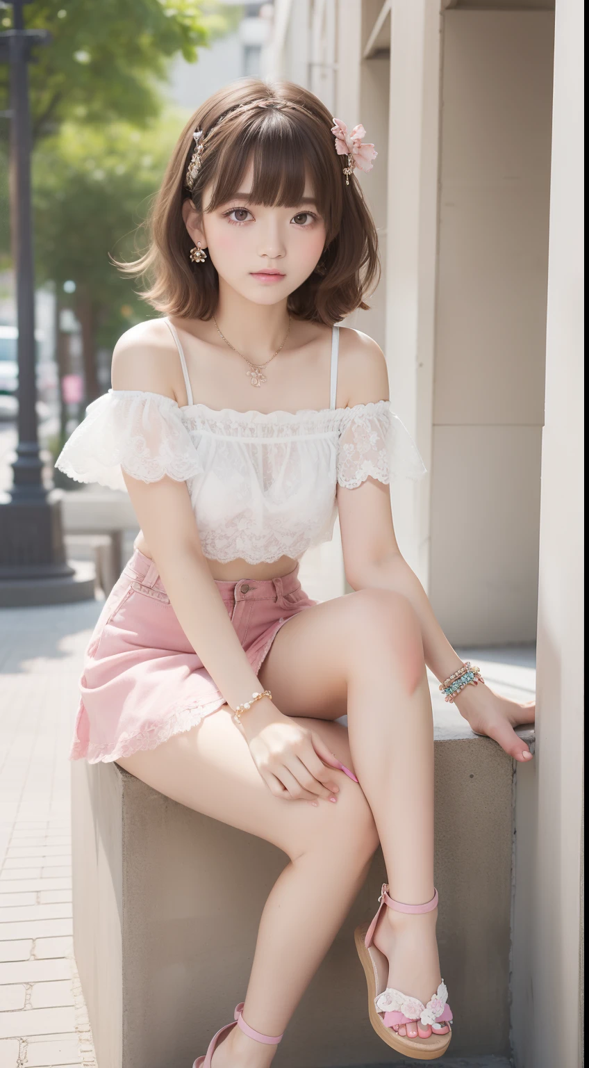 Portrait in girlish casual style for spring and summer。The model has fluffy curled bangs and light brown short hair.。She wears a white lace top、Denim miniskirt、Wearing pink sandals。Accessories include floral hair clips and beaded bracelets。