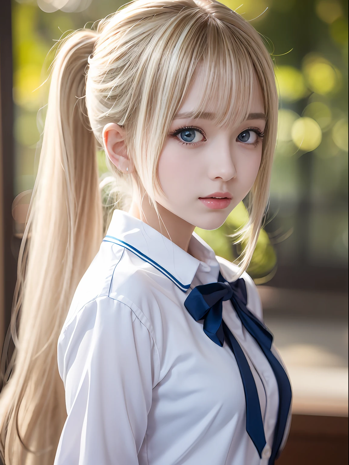 portlate、School Uniforms、bright expression、poneyTail、Young shiny shiny white shiny skin、Best Looks、Blonde reflected light、Platinum blonde hair with dazzling highlights、shiny light hair,、Super long silky straight hair、Beautiful bangs that shine、Glowing crystal clear attractive big blue eyes、Very beautiful nice cute 16 year old girl、Lush bust