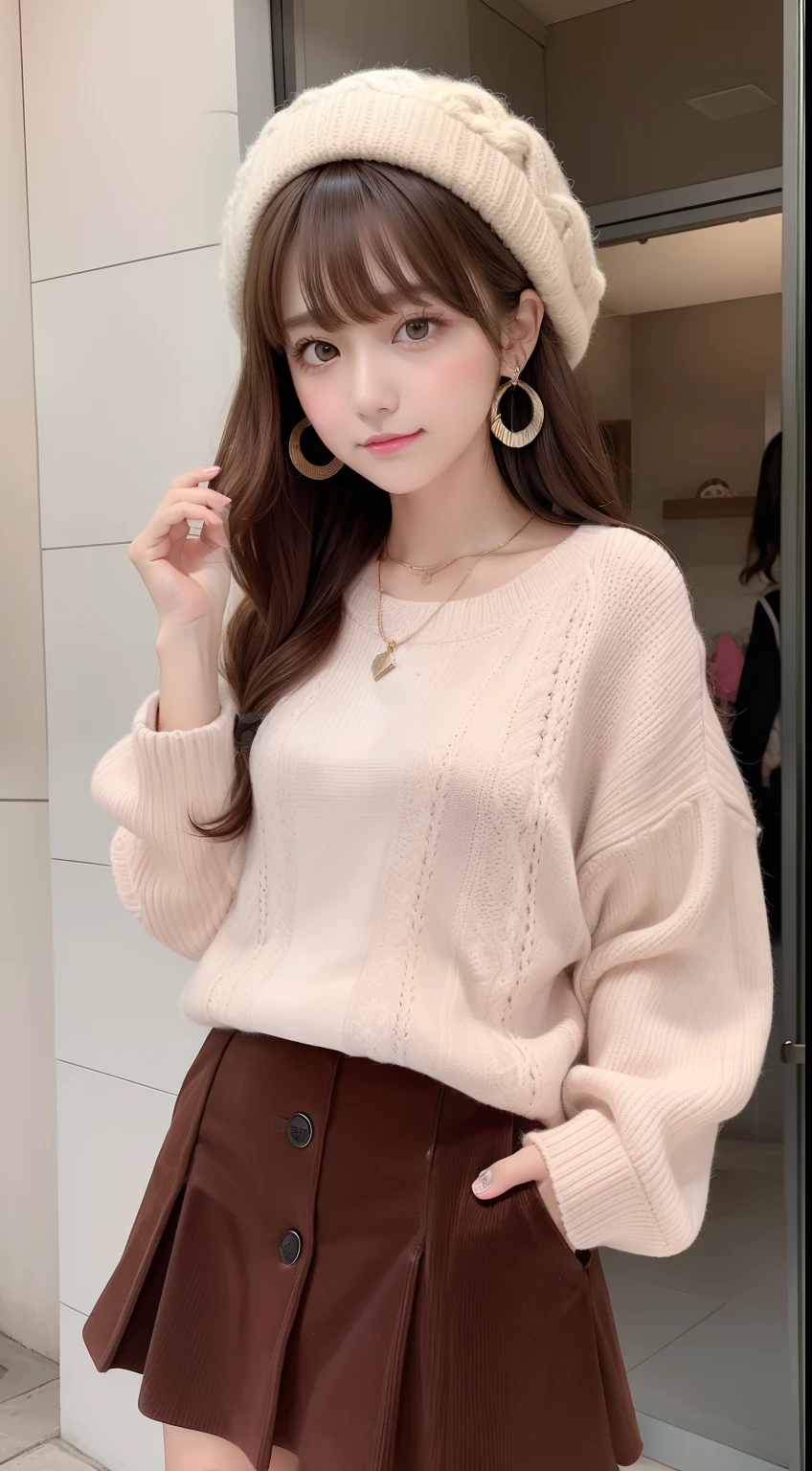 Portrait in girlish casual style for autumn and winter。The model has medium chocolate brown hair with fluffy curled bangs。She wears a pink sweater、Corduroy skirt、Wearing white boots。Accessories include heart necklace and ribbon earrings。