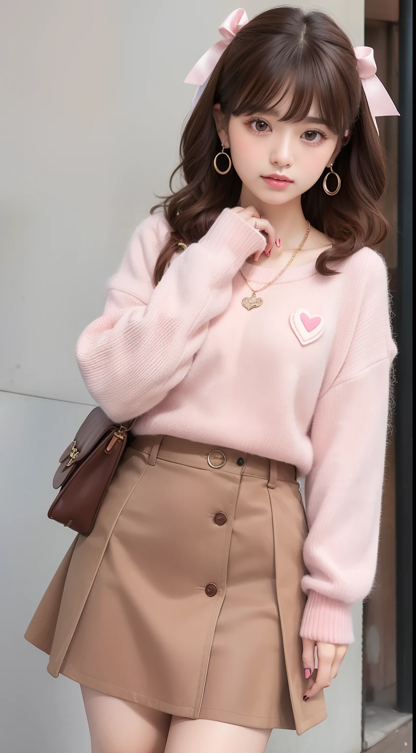 Portrait in girlish casual style for autumn and winter。The model has medium chocolate brown hair with fluffy curled bangs。She wears a pink sweater、Corduroy skirt、Wearing white boots。Accessories include heart necklace and ribbon earrings。