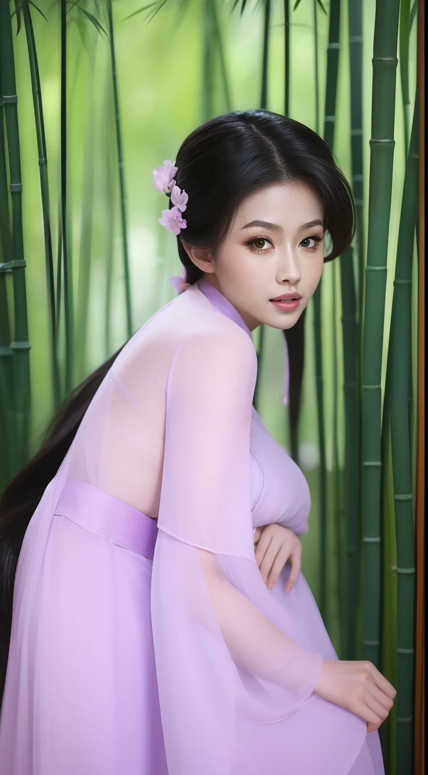 Light pink and light white tones,full bodyesbian, white backgrounid, Natural lighting, Efeito de Luz, minimalist, Elegant, pure tenderness, softlighting, realisticlying. A woman who is (clavicle, bshoulders,) posing on a (pray and stand) A super giant lotus with large and long petals (Petals are made of thin, soft gauze fabric, Full background of flowing petals, floating petal, super flying petals, Smoke effect mixed with petals), Lotus dress,((ssee-through)).
