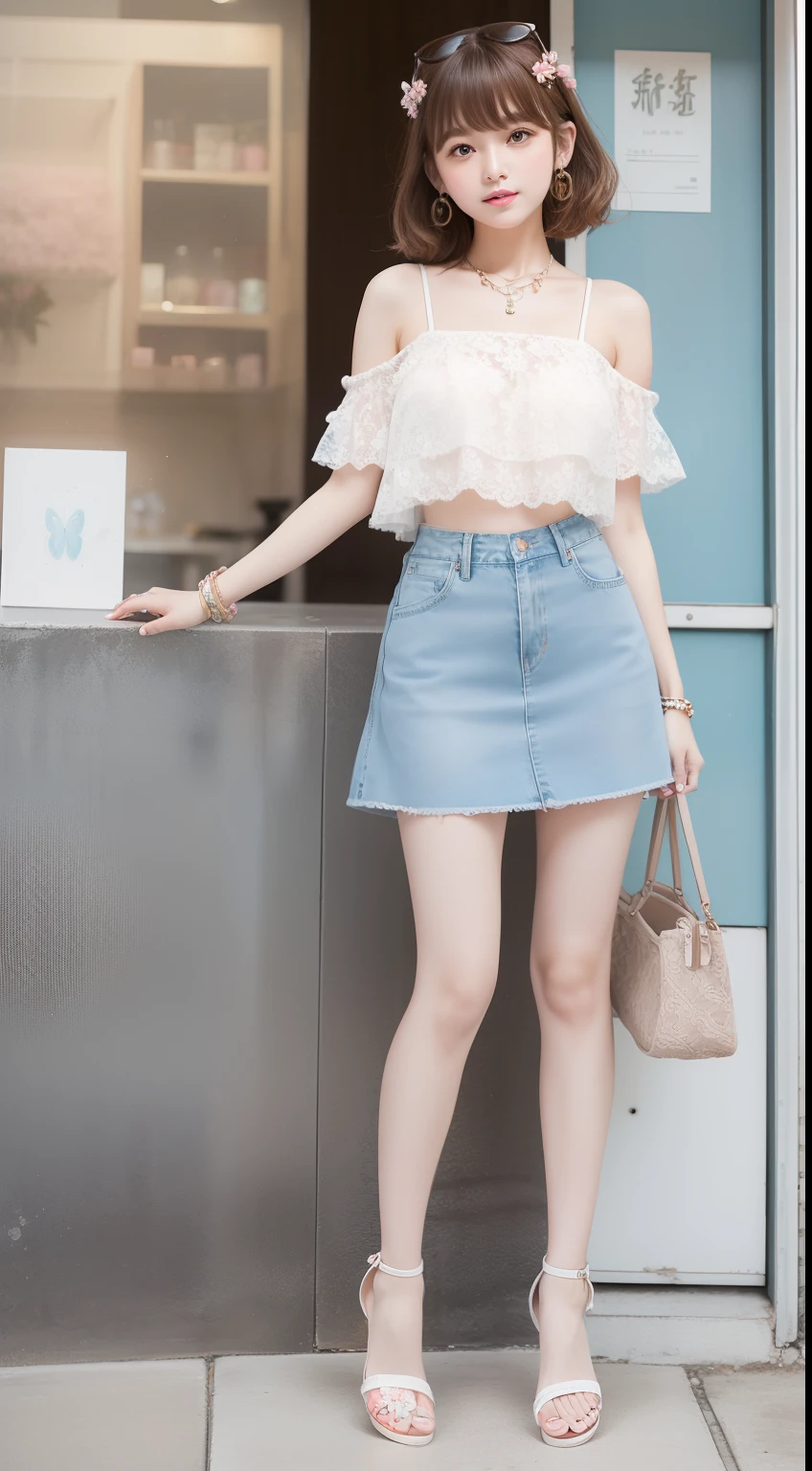Spring and summer girlish casual style portrait。The model has fluffy curled bangs and light brown short hair.。She wears a white lace top、Denim miniskirt、Wear pink sandals。Accessories include、Includes floral hair clips and beaded bracelets。