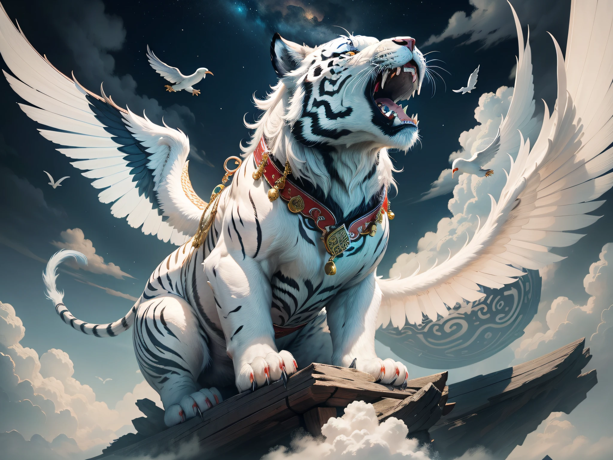 Chinese mythological story background,Excerpt from《Mountain and Sea Sutra》,(1 has a long back(Wings)of the White Tiger)Step on the clouds,Open mouth,teeth showing