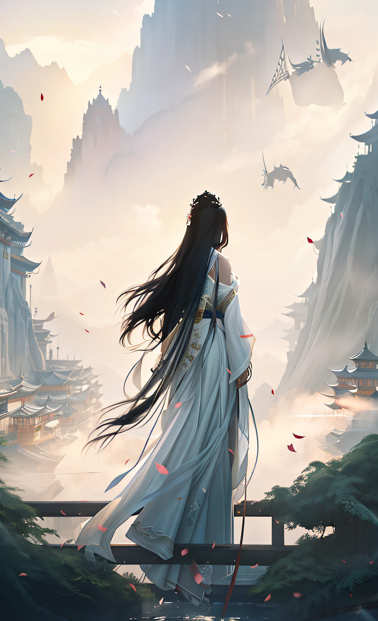 An Arad woman in a white dress stands on the bridge, flowing hair and long robes, Palace , A girl in Hanfu, ross tran. scenery background, flowing white robe, Beautiful character painting, beautiful concept art, Beautiful digital artwork, Fantasy art style, Chinese fantasy, by Yang J, by Raymond Han, A beautiful artwork illustration