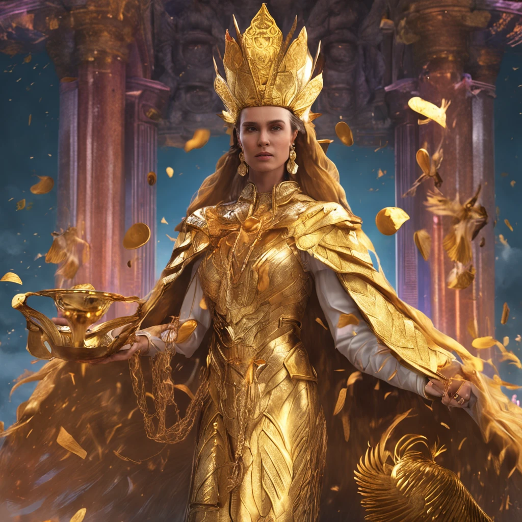 The female pope wears a golden crown and a phoenix robe,holding a phoenix scepter and a magic bok. She is surounded by a dazling display of gold coins and has long golden hair