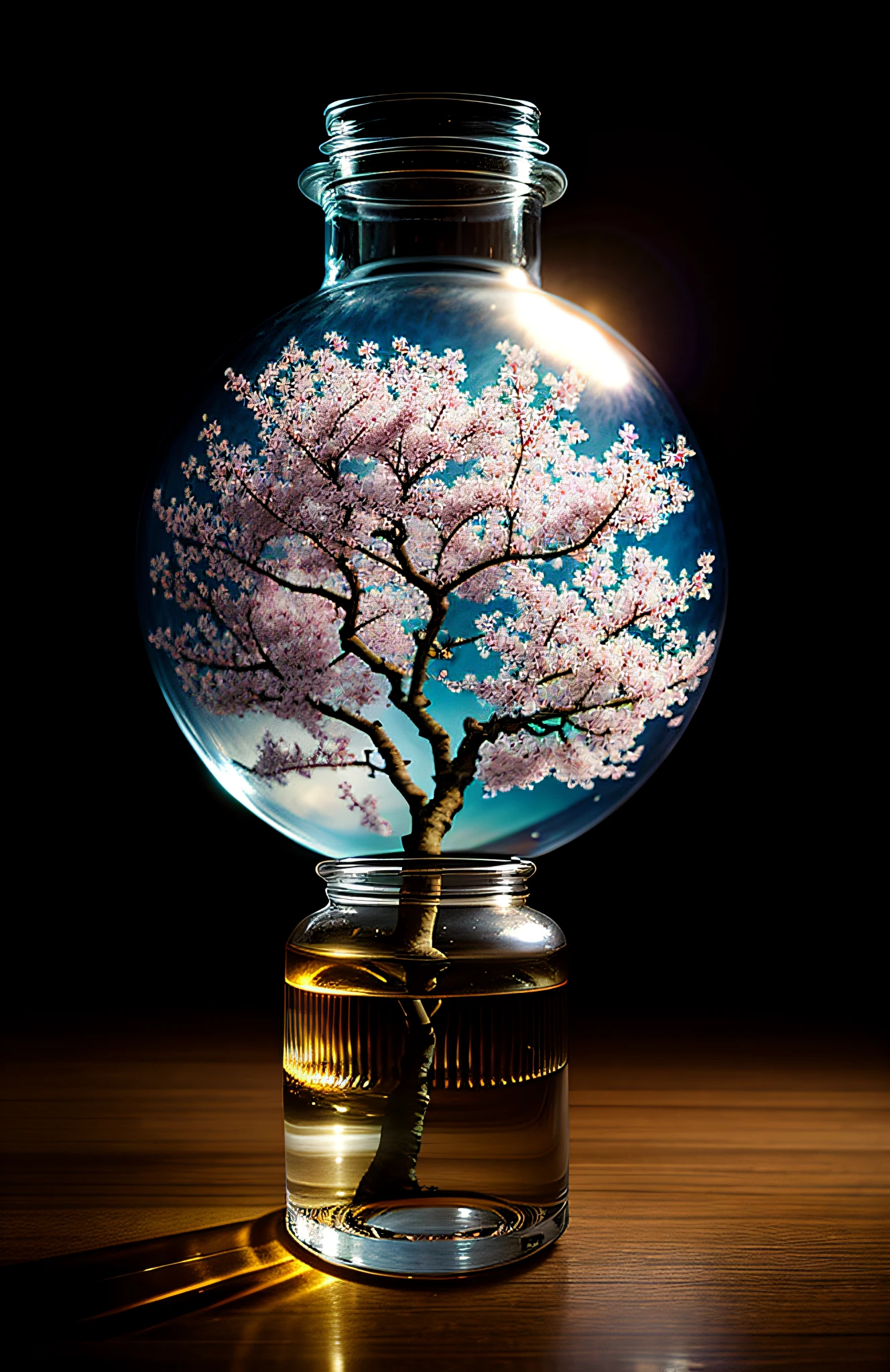 Cherry blossom tree in a bottle, Fluffy, Realistic, Atmospheric light refraction, author：Lee Jeffries Nikon D850 Film Stock Photo 4 Kodaport 400 Camera F1.6 Shots rich colors Ultra-realistic realistic textures Dramatic lighting Trends on Unreal Engine ArtStation CineStill 800, Style-Glass