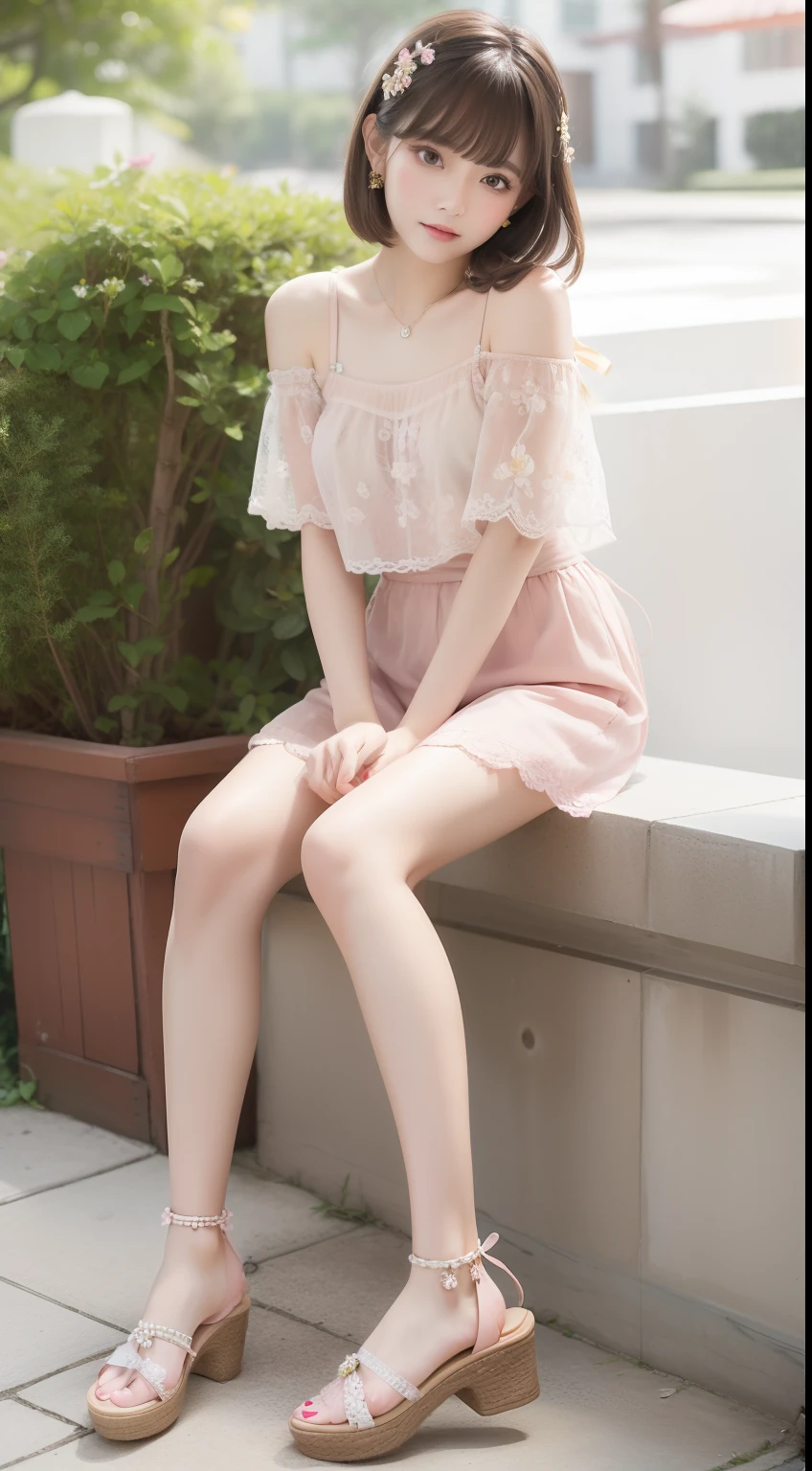 Sweet casual style portrait of spring and summer。The model has straight bangs and short light beige hair。She wears a pink lace top、white short pants、Wearing sandals。Accessories include、Includes floral hairpins and beaded anklets。