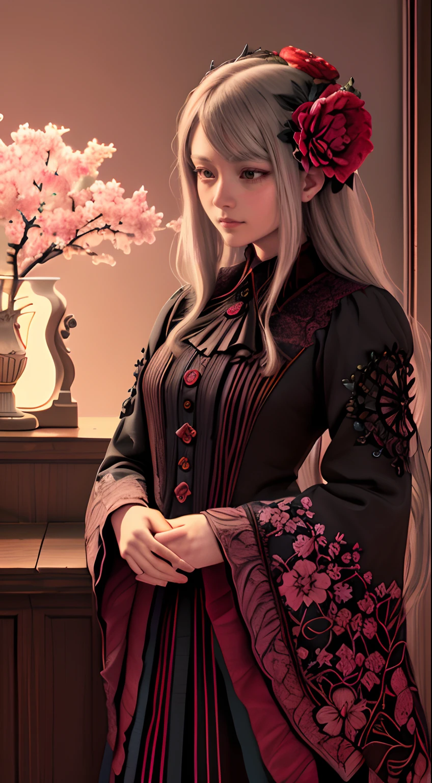 A flower by Casey Weldon, Olga Kvasha, Miho Hirano, hyperdetailed intricately detailed gothic art trending on Artstation triadic colors Unreal Engine 5 detailed matte painting, deep color, fantastical, intricate detail, splash screen, complementary colors, fantasy concept art, 8k resolution, gothic deviantart masterpiece, (dark shot:0.9), art by greg rutkowski and artgerm, soft cinematic light, adobe lightroom, photolab, hdr, intricate, highly detailed, cherry blossom,