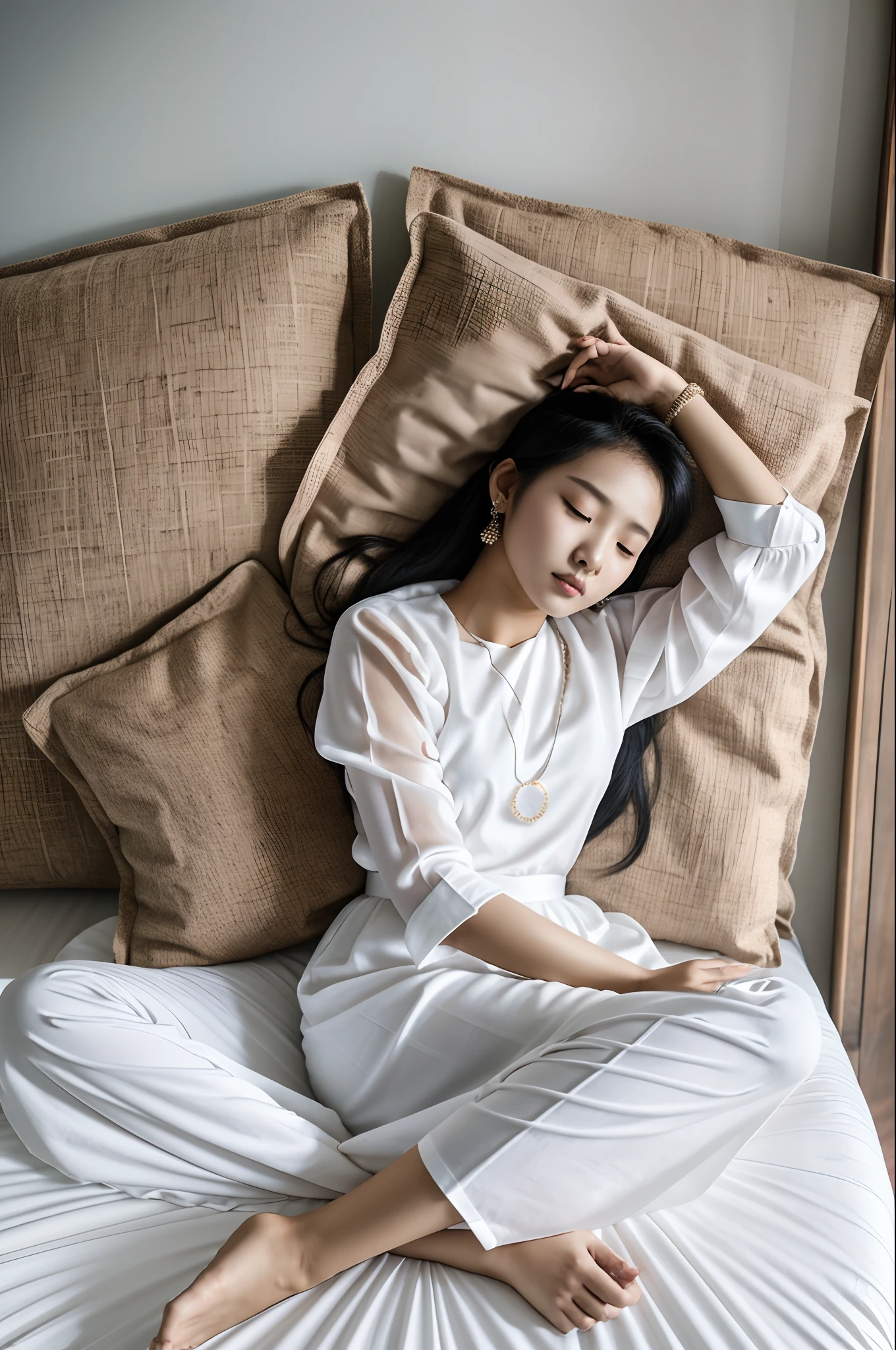 Myanmar woman as a famous Instagram influence, wearing white traditional, sleeping on bed, looking at viewer, full body photoshoot, both hands behind head, --auto --s2