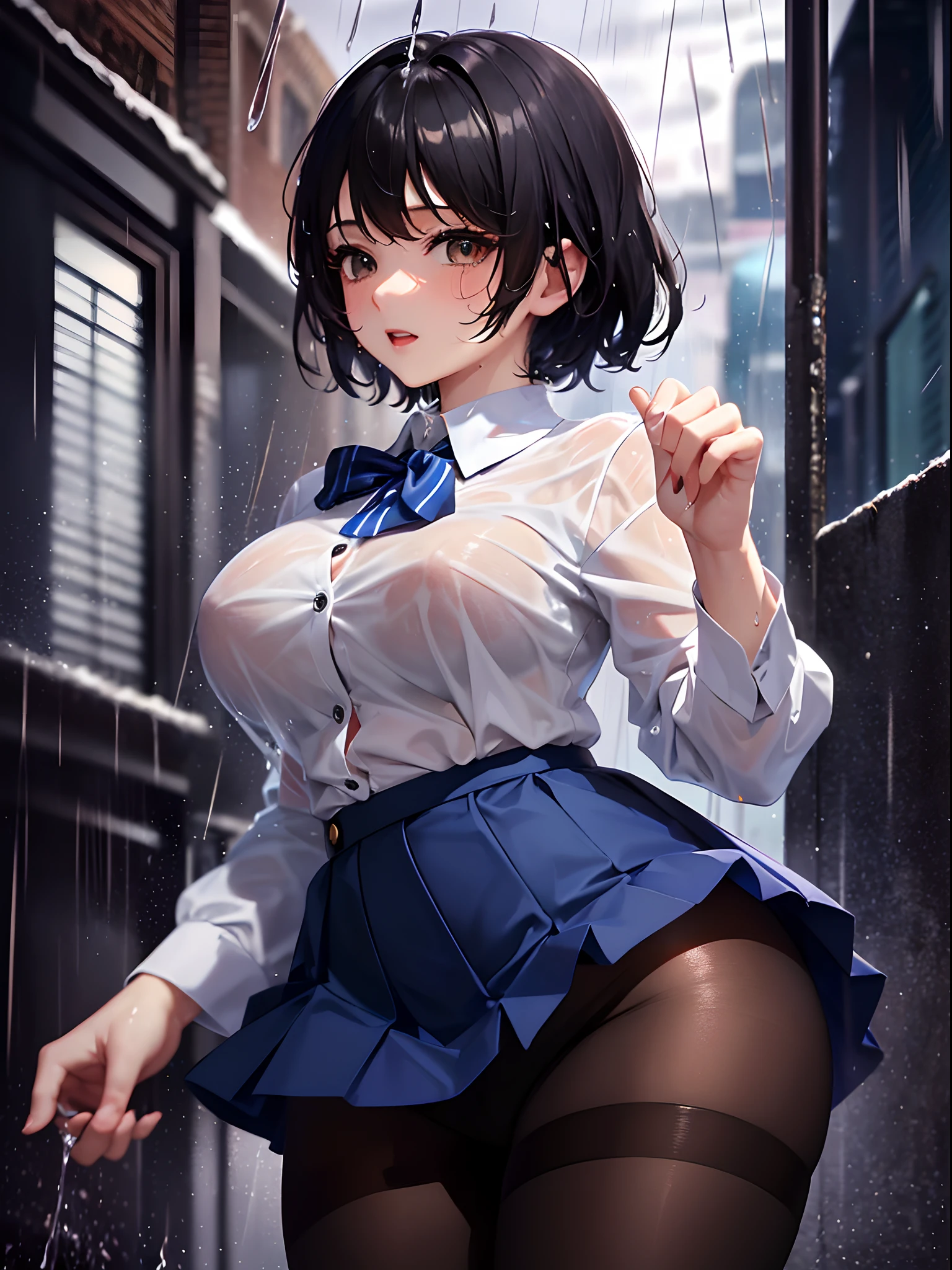 (top-quality: 1.3), (masterpiece: 1.3), (The ultra-detailliert: 1.3), (wall-paper, one girls: 1.1)、(Detailed hands and fingers:1.2)、(Detailed ultra-oily shiny skin:1.1)、oily shiny thighhigh、(White shirt with collar and buttons:1.2)、(Dark blue skirt:1.3)、(Brown pantyhose:1.2),(Black hair:1.2)、(Beautiful Large Breasts:1.3)、short-hair、poneyTail、Beautiful sister、(School Grounds:1.3)、sexypose、(rain is falling:1.4)、The shirt is wet and see-through、The body is dripping wet、The skirt is wet、Pantyhose are wet、A good woman who drips water