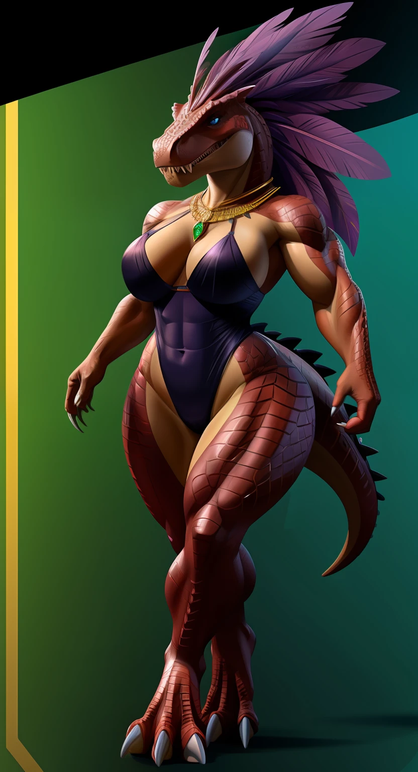 Anthropomorphic, furry, scaly, hybrid, woman, dinosaur, tyrannosaurus, black high cut leotard, black high leg leotard, sexy, curvy body, muscular body, thicc, claws, sharp teeth, fangs, tail, scales, hair, violet colored feather mane, fierce, busty, beautiful, lovely, savage, powerful, sexy legs, sexy hips, loving wife, giant, ruby red scales, emerald green scaled underside, violet stripes, confident, strong, blue eyes with slit pupils, long legs, seductive, loving, hourglass body, jewelry, fit body, short arms, fully scaled, big head, monstrous, beastly beauty, proud, close up, regal looking, dark skin, hard abs, bare feet, spikes, reptile, sensual, T-Rex, queen, transparent background, blank background, tail comming out of the spine,