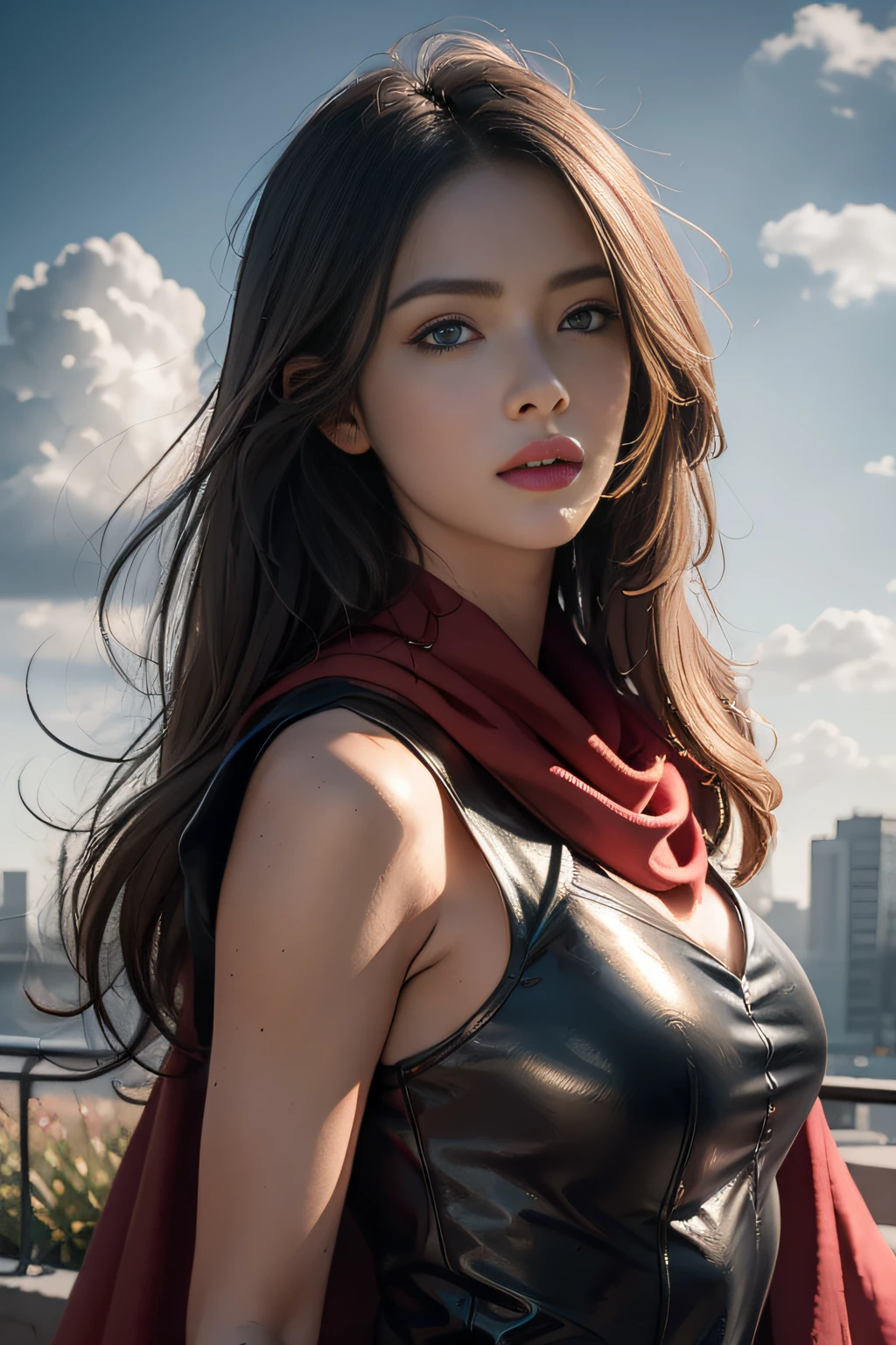 Fine face，Long hair with a blonde shawl，Big blue eyes， Cloud background，art-deco, conceptual art, romanticism lain, Verism, cubismo, Award-Awarded, Super detail, hyper HD, retinas, Anatomically correct, High details, Best quality, A high resolution, High quality, Textured skin, Masterpiece, 4K，