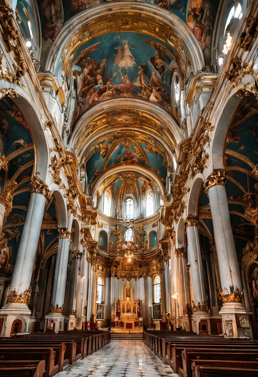 Rococo church，interiors，At the top is a huge Christian oil painting，There are marble statues forming the pillars，Luxury，High- sharpness，and the sun was shining brightly，be full of details