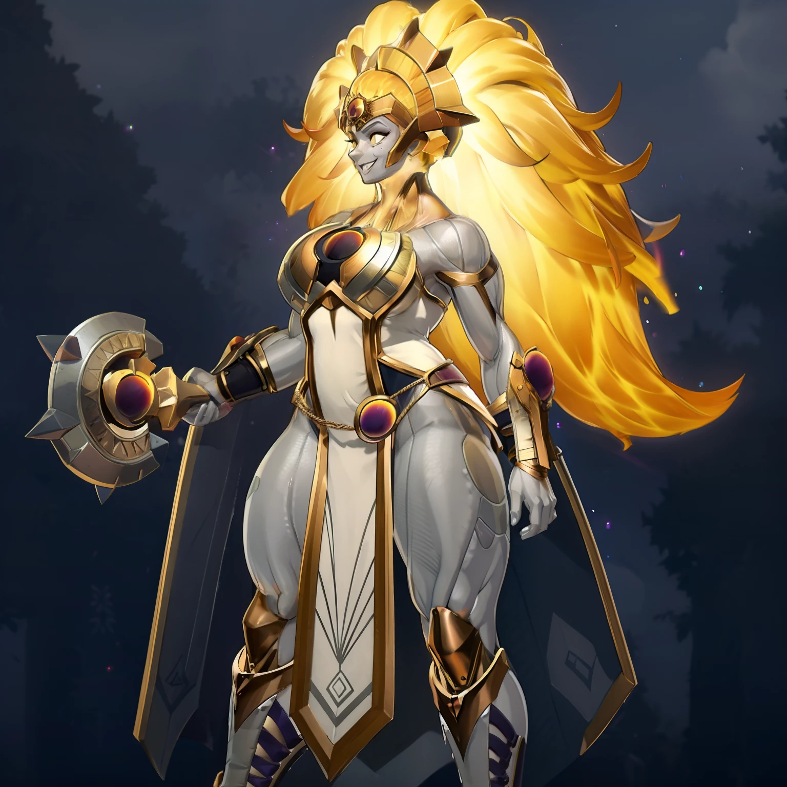 dawnbreakerdota, 1girl, glowing hair, yellow eyes, glowing eyes, blonde hair, colored skin, grey skin, armor, breastplate, long hair, breasts, dress, long hair, no panties, pelvic curtain, solo, thick thighs, muscular, wide hips, smile, solar temple, fgo sprite, perfect anatomy, better hands