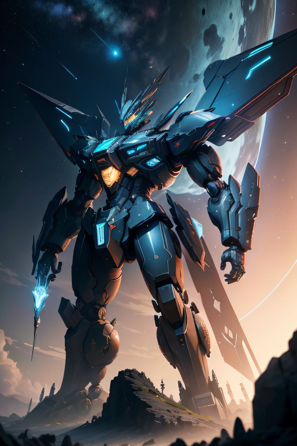 A high resolution,Vitruvius mech with the utmost detail,Close-up of starry sky under cinematic lighting,cyber punk style,Huge mech robot,Spread your wings,Sculptural dragon form composed of metal fragments,Expressionless afterimage,cubism style,pterodactyl mecha,metal art,Robot constructed with jet parts,Scene against ultra HD starry sky。