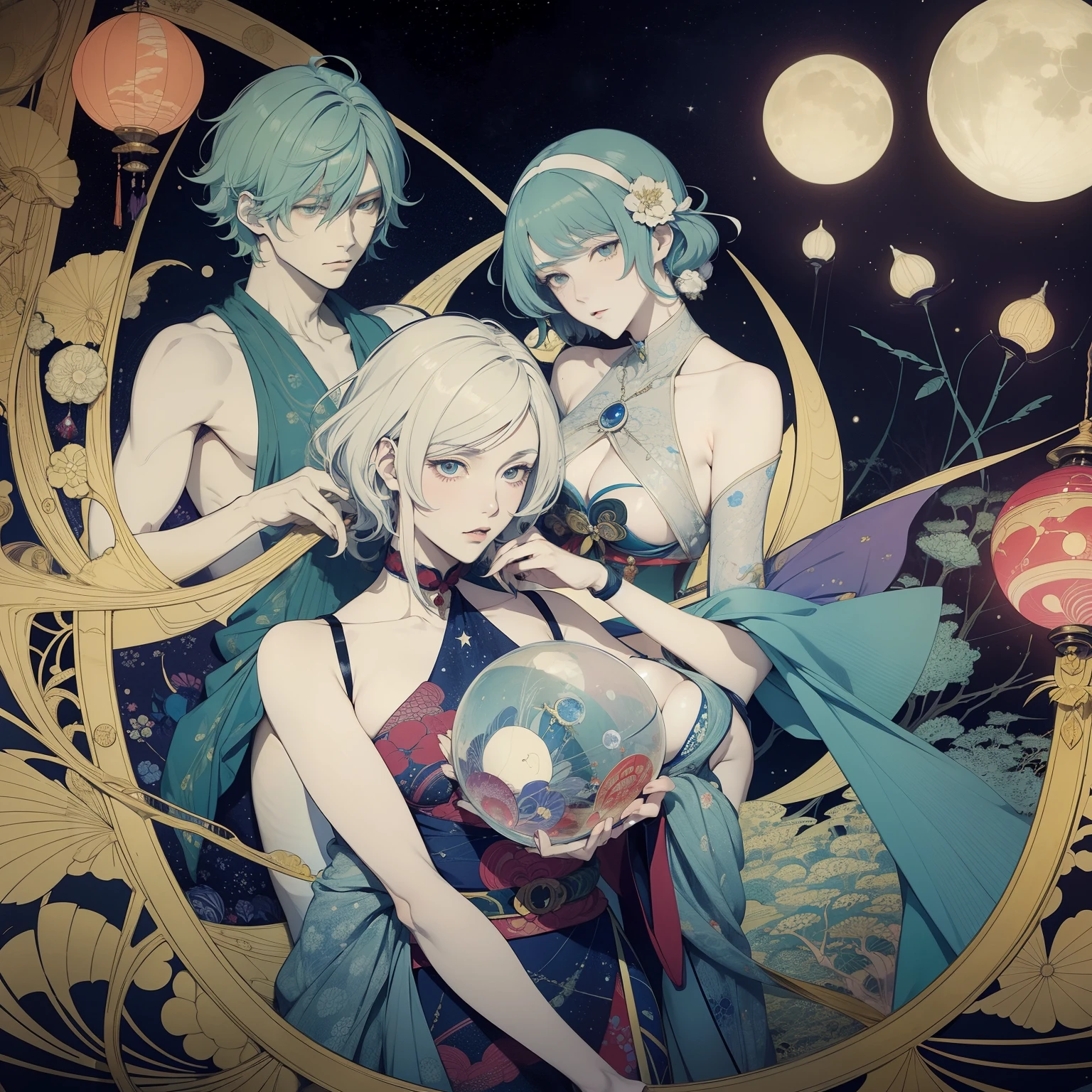 Ukiyo-e style　Margaret Tarrant, Harry Clarke, Albert Robida　animesque　Keeping comets　jellyfish　Moon and Sun Model　Outer Space Tank