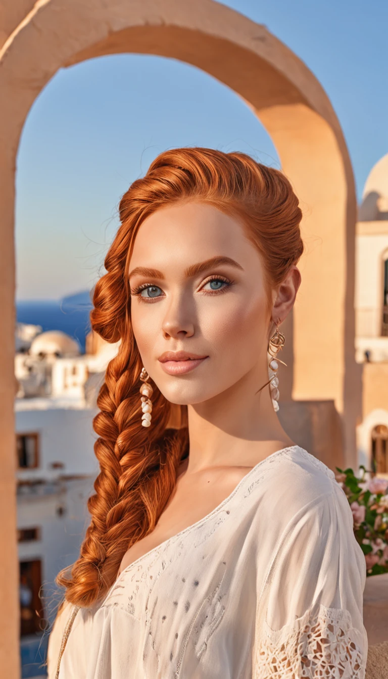 A beautiful young and cute attractive girl with ginger braided hair in a bun wearing glamorous makeup, watching the sunset at Santorini, Greece. Looking at the camera, half body, photorealistic