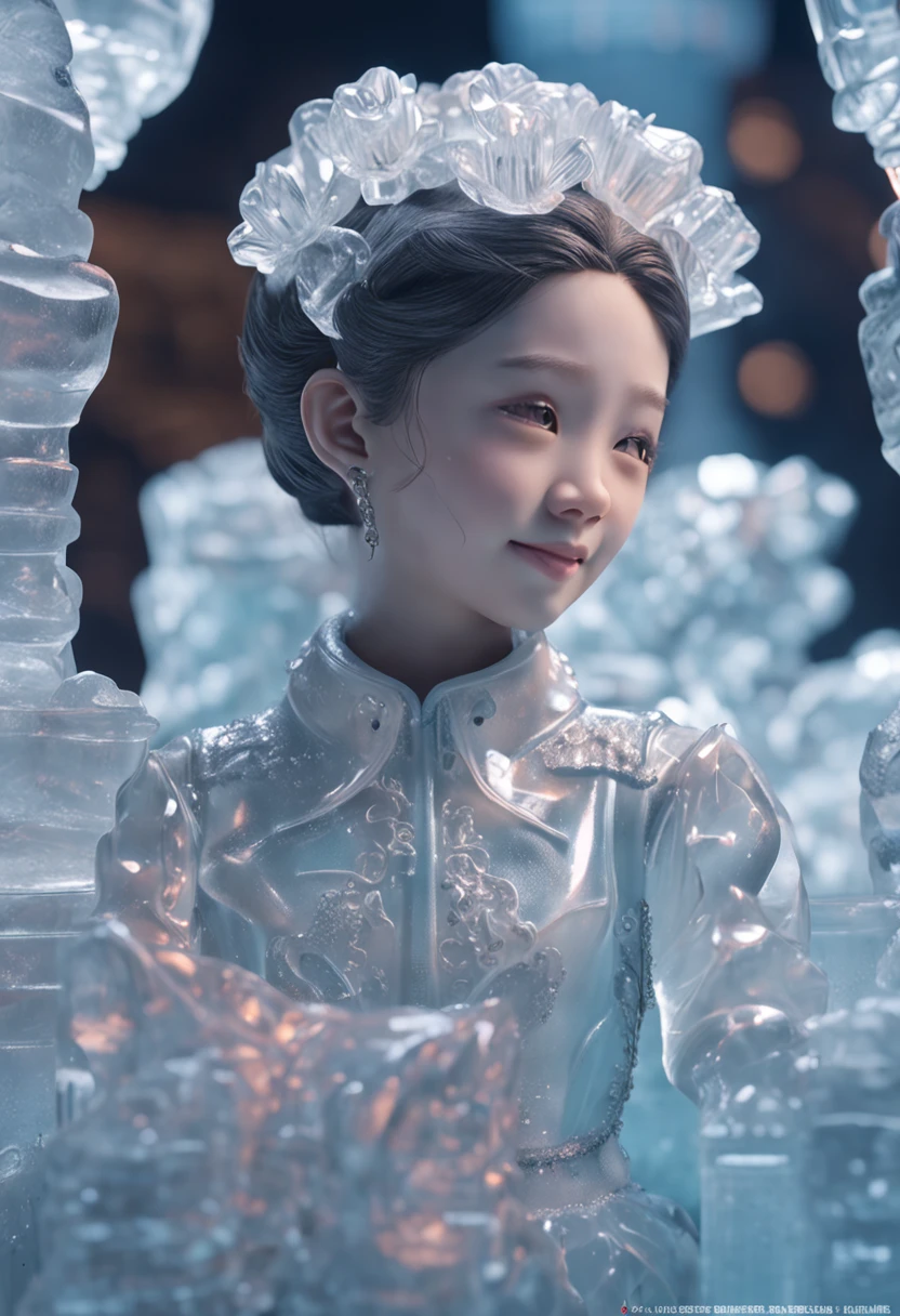 (ice sculpture:1.4),cinematic angle,(Cute Ice Sculpture Girl,anatomically correct,full body,Masterpiece Ice Sculpture camellia,Masterpiece Hanfu,smile)