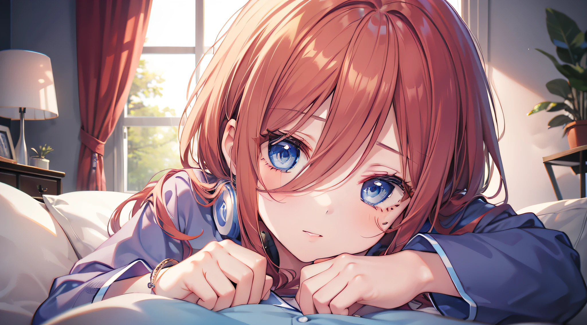 ((masterpiece)), ((best quality)), (ultra-detailed), on the bed, a cute girl, 1girl, solo, sailor suit, ((beautiful eyes)), short hair, large breast
