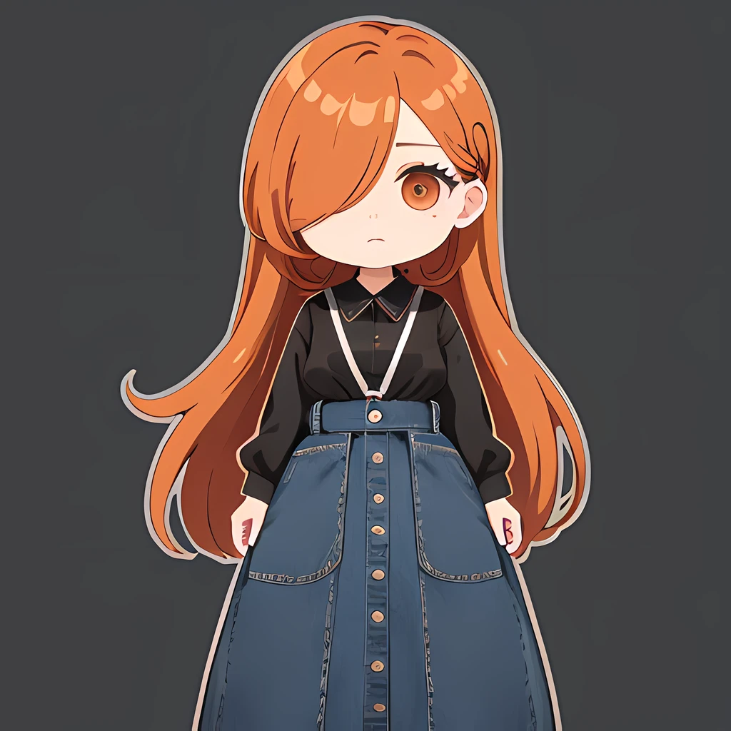 Denim Long Skirt, full bodyesbian、Hair over one eye、One Woman, 独奏, (twitch emote:1), Chibi, Brown hair, Black eyes, , comic strip, white backgrounid, a sticker, Thick black outline,Denim dresses、Black blouse、hair down、Orange hair、、brown haired、Denim Long Skirt