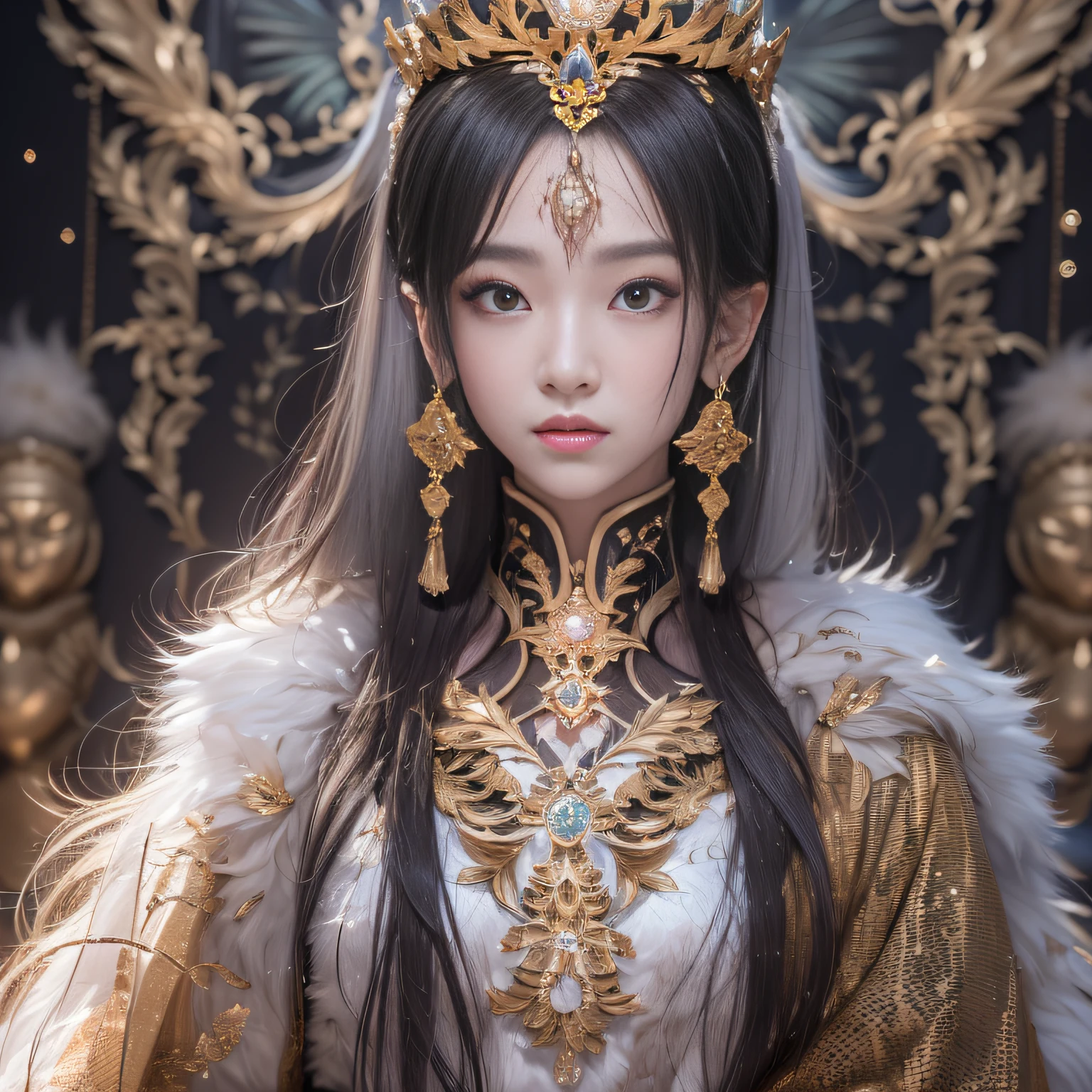 32K（tmasterpiece，k hd，hyper HD，32K）short detailed hair，Gold jewelry area in the back room，Flame Girl ，Yao Lang protector （realisticlying：1.4），Python pattern robe，Purple-pink tiara，Snowflakes fluttering，The background is pure，Hold your head high，Be proud，The nostrils look at people， A high resolution， the detail， RAW photogr， Sharp Re， Nikon D850 Film Stock Photo by Jefferies Lee 4 Kodak Portra 400 Camera F1.6 shots, Rich colors, ultra-realistic vivid textures, Dramatic lighting, Unreal Engine Art Station Trend, cinestir 800，Hold your head high，Be proud，The nostrils look at people