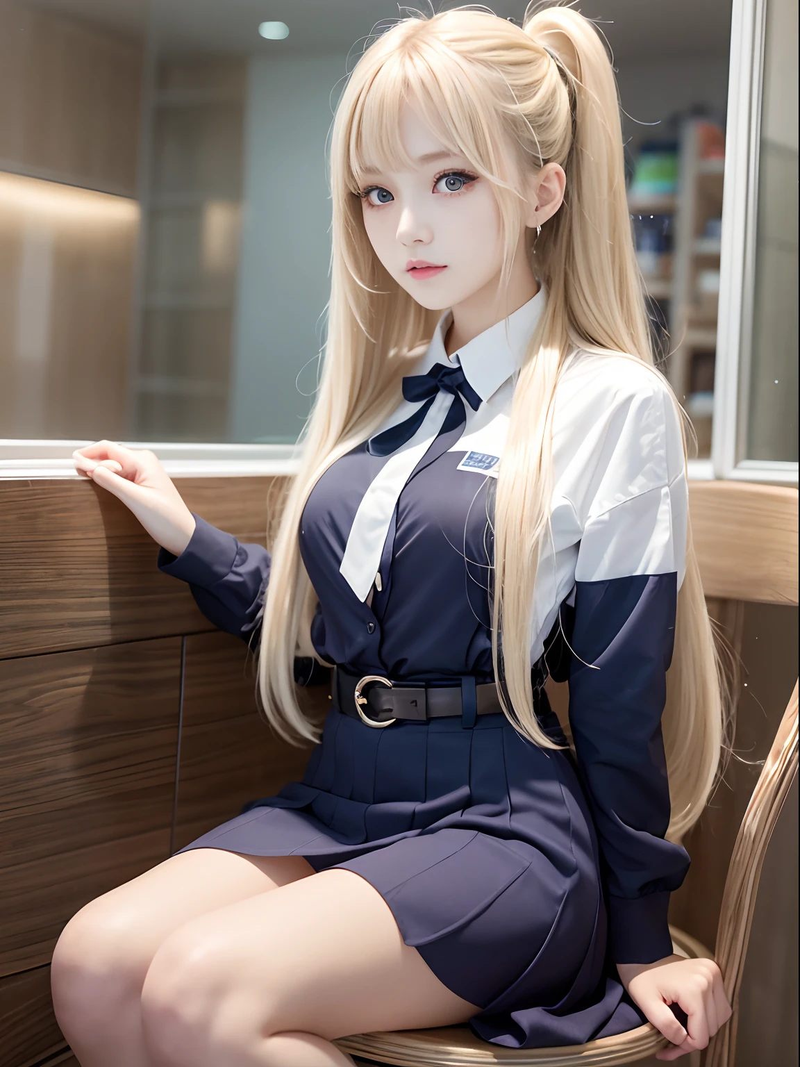 portlate、School Uniforms、bright expression、poneyTail、Young shiny shiny white shiny skin、Best Looks、Blonde reflected light、Platinum blonde hair with dazzling highlights、shiny light hair,、Super long silky straight hair、Beautiful bangs that shine、Glowing crystal clear attractive big blue eyes、Very beautiful nice cute 16 year old girl、Lush bust