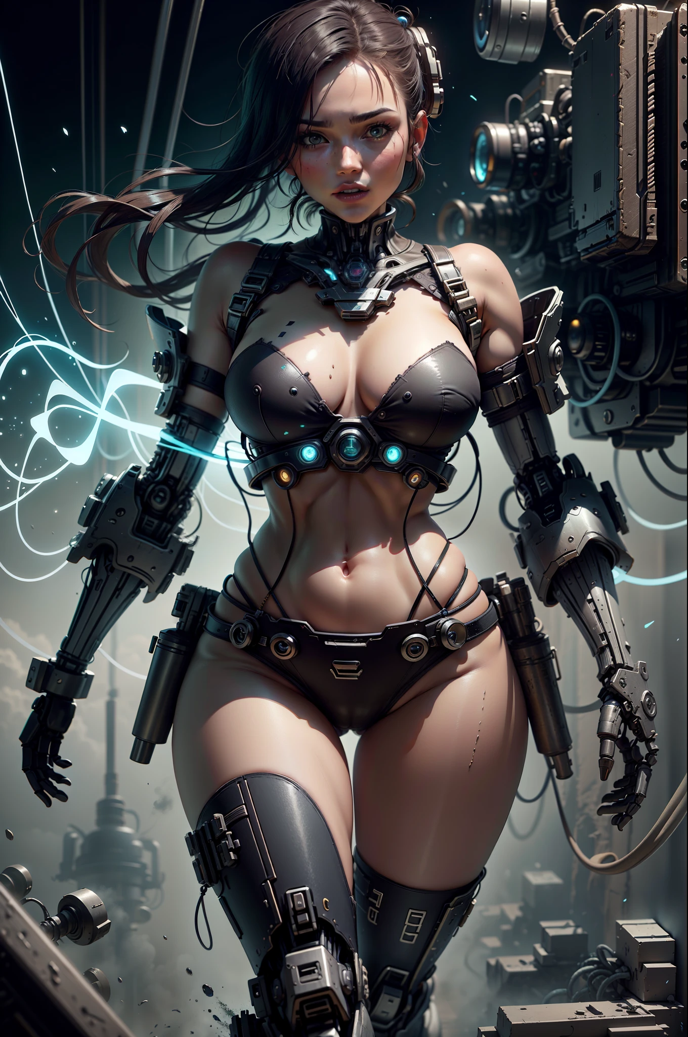 （（best qualtiy））， （（tmasterpiece））， （The is very detailed：1.3）， sci-fi mech， Beautiful cyberpunk woman wearing mech，Bare with thighs，Wear mecha-style boots，Bare shoulders and upper arms，Mecha-style gloves，Bare abdomen and navel，lean legs，Carry a weapon，Wear black stockings，Broken stockings， hdr（HighDynamicRange）， Ray traching， NVIDIA RTX， Hyper-Resolution， Unreal 5， sub surface scattering， PBR Texture， post-proces， Anisotropic filtering， depth of fields， Maximum clarity and sharpness， Many-Layer Textures， Albedo e mapas Speculares， Surface coloring，Accurately simulate light-material interactions，perfectly proportions，rendering by octane，twotonelighting，Low ISO，White balance，trichotomy，Wide aperture，8K raw data，High-Efficiency Sub-Pixel，sub-pixel convolution，Luminous Particle，Light scattering，Tyndall effect