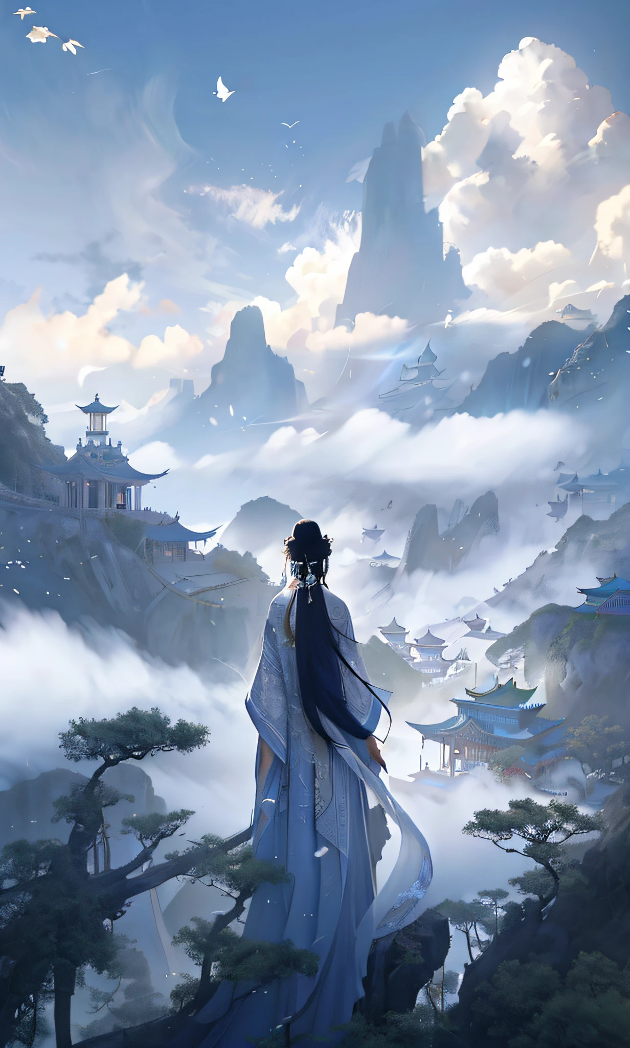 Araved woman in a white dress standing on the hill，A bird flies overhead, Chinese fantasy, dreamland of chinese, beautiful concept art, ross tran. scenery background, Palace ， A girl in Hanfu, floating lands in-clouds, by Yang J, flowing white robe, xianxia fantasy, By Li Song, trending on cgstation